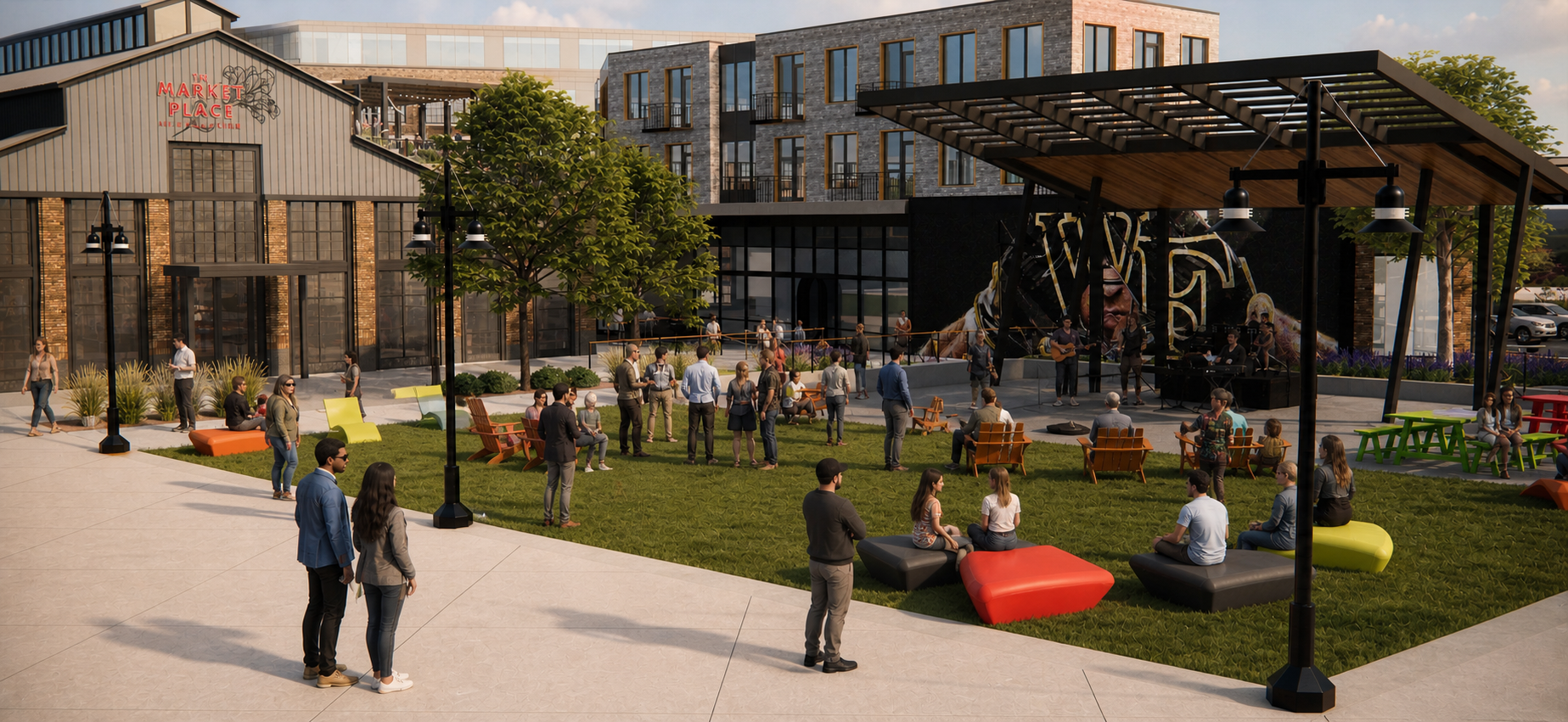People enjoying an outdoor live music event at a modern plaza with colorful seating, trees, and contemporary buildings in the background.
