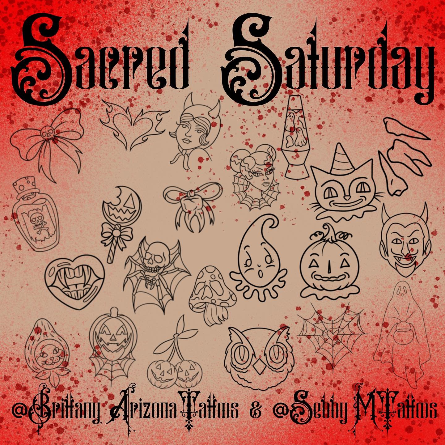 SACRED SATURDAY IS TOMORROW! 
Come get a spooky piece from one of our artists!
Swipe for details 
Collab by @sebbymtattoos and @brittanyarizonatattoos 
.
.
.
.
.
.
.
.
#tattoo#tattooflash#sacredsaturdayflash#neotrad#spookyflash#spookytattoo#halloween