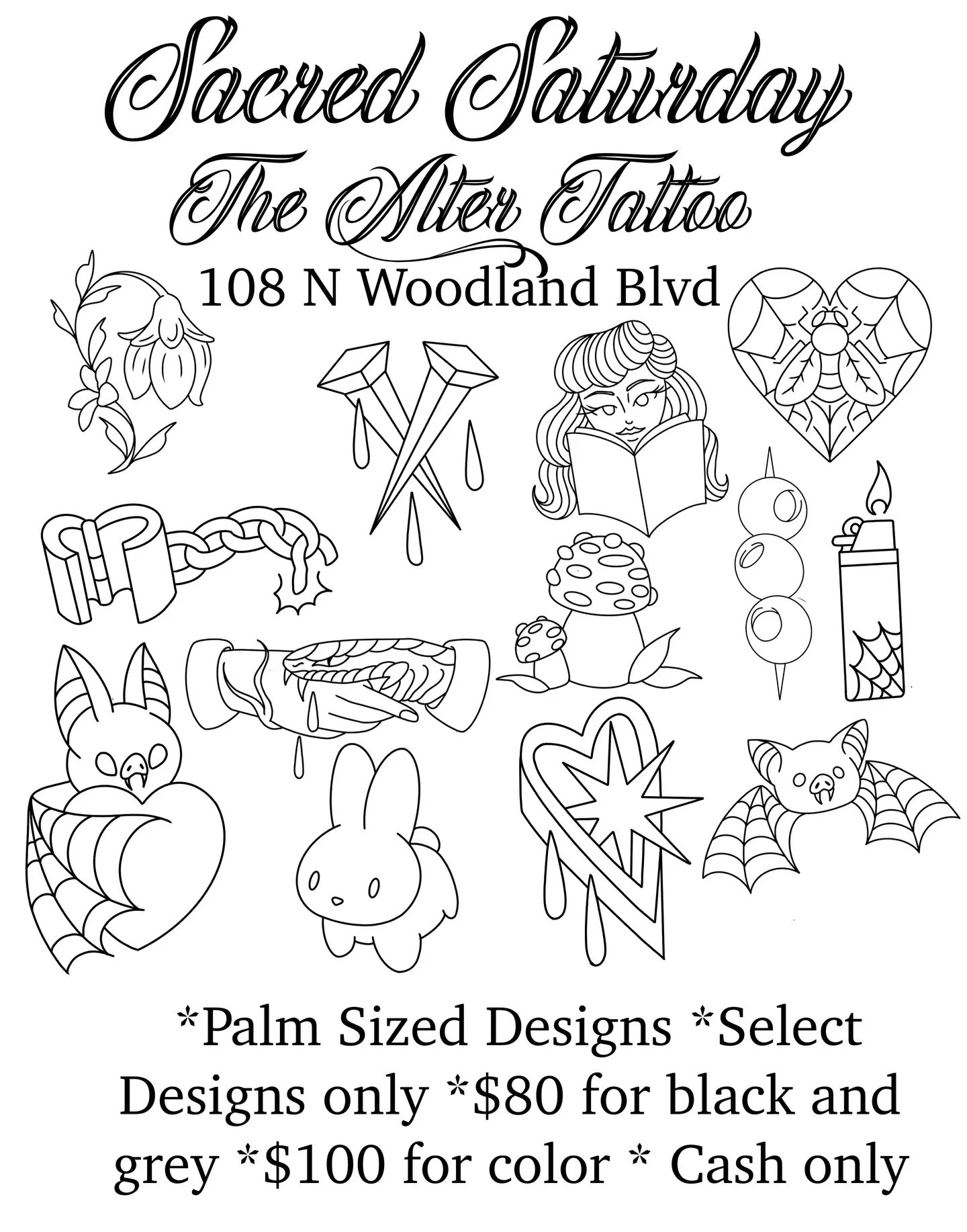 Flash Event this Saturday at The Alter 1/31/26! 🖤👏 Come by the shop and check out these designs by @sebbymtattoos and our special flash book, $80 for Black and Grey $100 for Color!
.
.
.
#tattoo #flashevent #tattooshop #centralfloridatattoo #tattoo