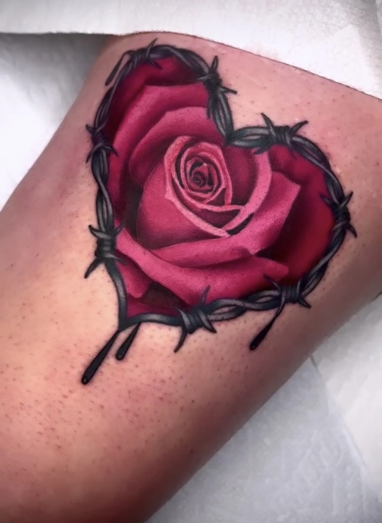 Tattoo of a realistic pink and red rose with a black barbed wire border on skin.