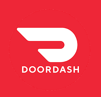 Red circular background with a white stylized 'D' and the word 'DOORDASH' underneath.