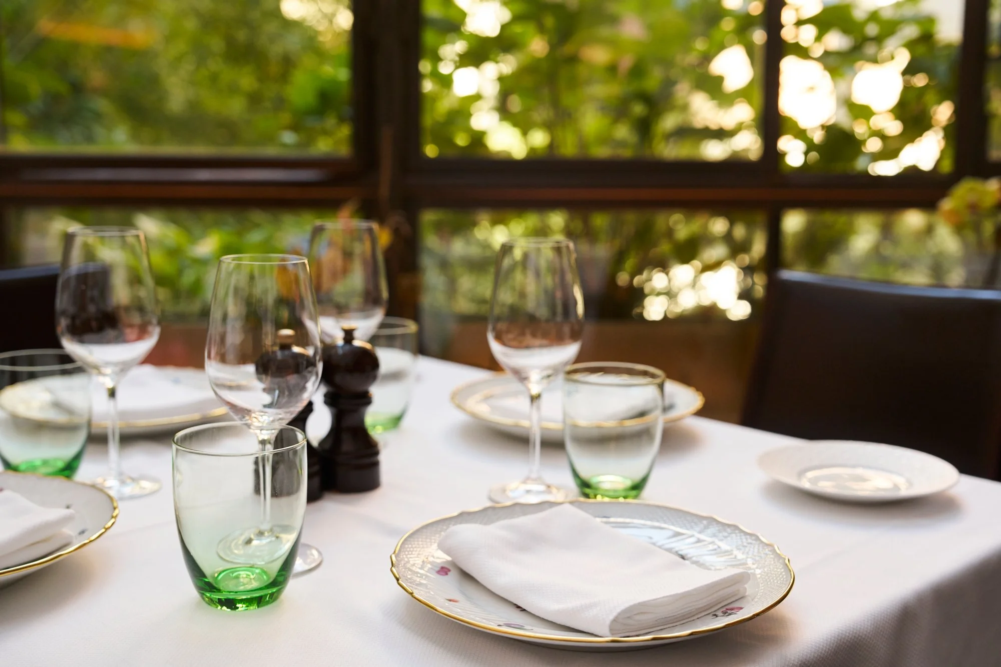 Elegant dining table set with wine glasses, water glasses, plates with gold trim, white napkins, salt and pepper shakers, and a window with a view of trees and greenery outside.