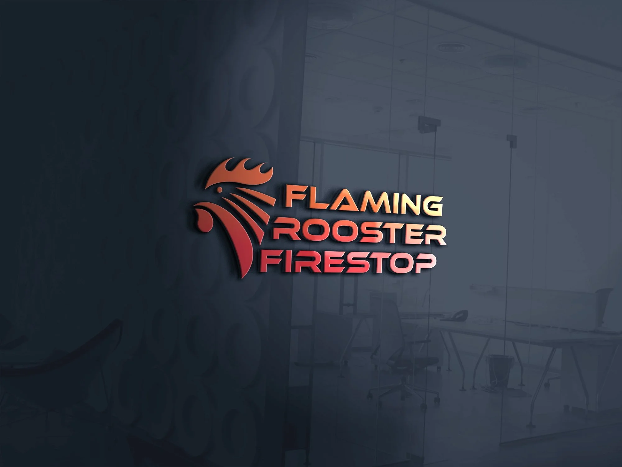 Flaming Rooster Firestop logo on glass office wall