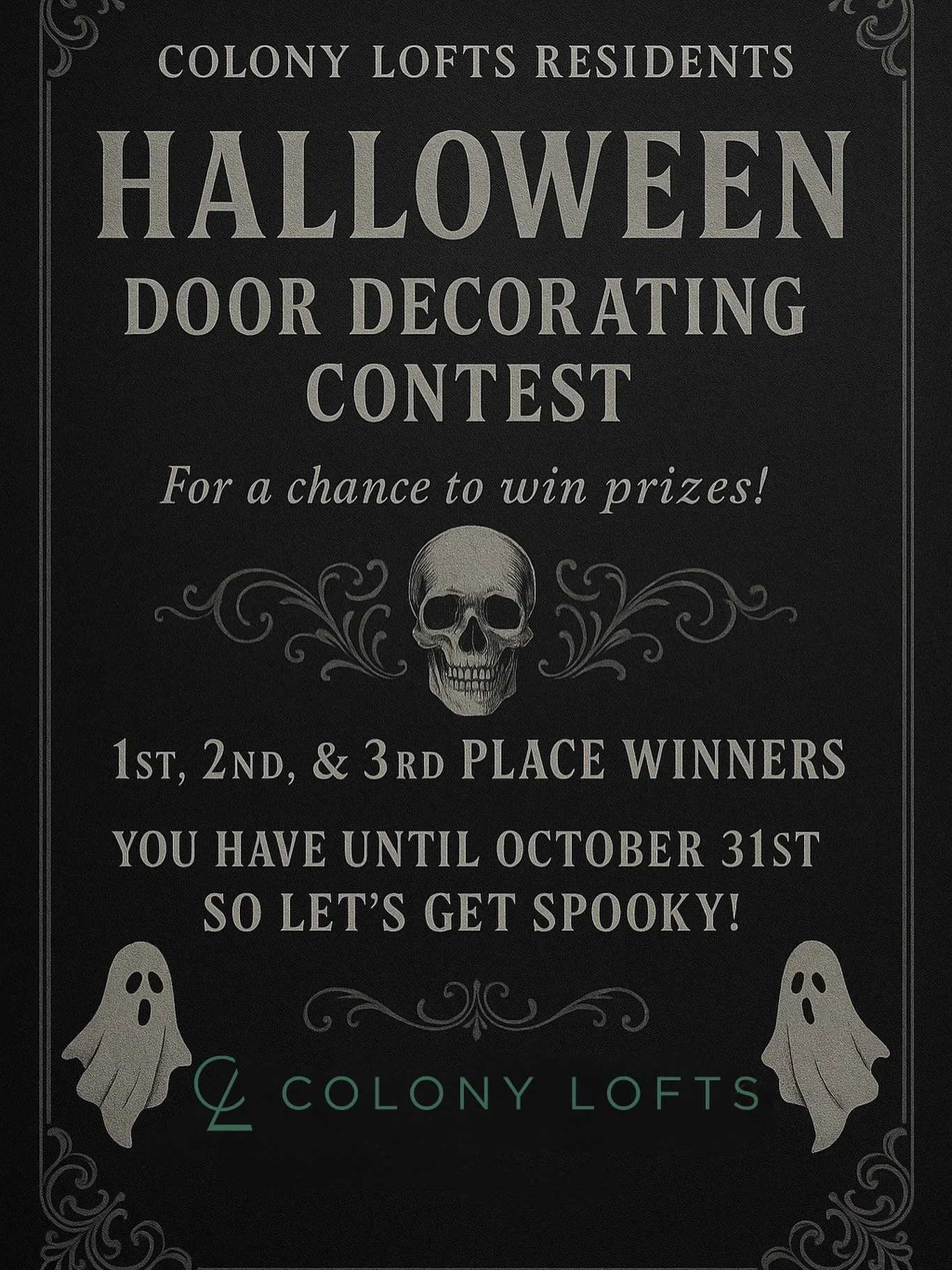 🕷️✨ Who&rsquo;s ready to turn their door into the spookiest masterpiece in all of Colony Lofts? 🕸️🚪

From cobweb chic to pumpkin palace vibes, we wanna see your creativity come alive (or undead 😏). 🧛&zwj;♂️

💀 1st, 2nd, &amp; 3rd place winners 