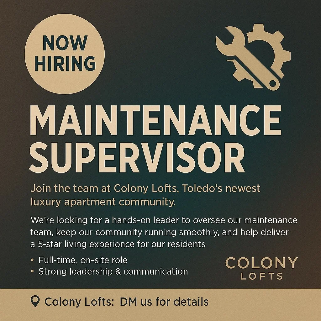 Colony Lofts is hiring a Maintenance Supervisor 🛠️✨

We&rsquo;re looking for a leader who takes pride in their work, loves problem-solving, and wants to be part of a growing luxury community here in Toledo.

What you&rsquo;ll do:
&bull; Lead and sup