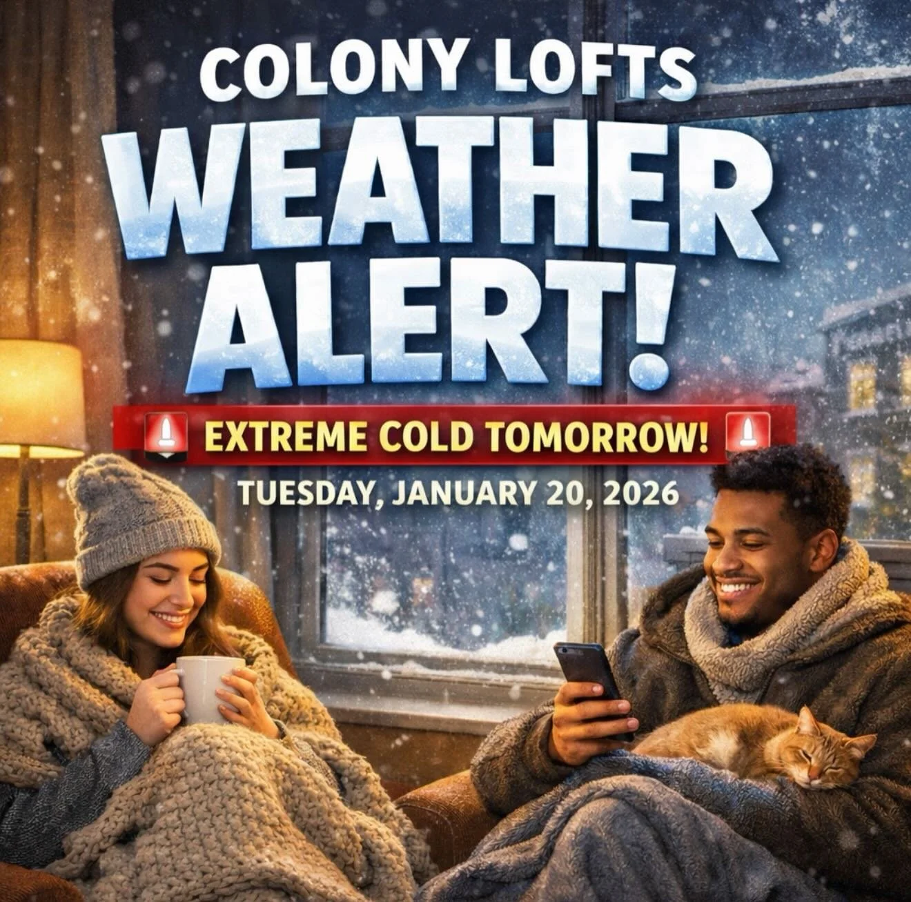 🚨 COLONY LOFTS WEATHER ALERT 🚨

Tomorrow is bringing that &ldquo;why do I live in Ohio&rdquo; type of cold. 🥶

The National Weather Service has issued a Hazardous Weather Outlook for our area, with wind chills that could feel as low as -13&deg;F i