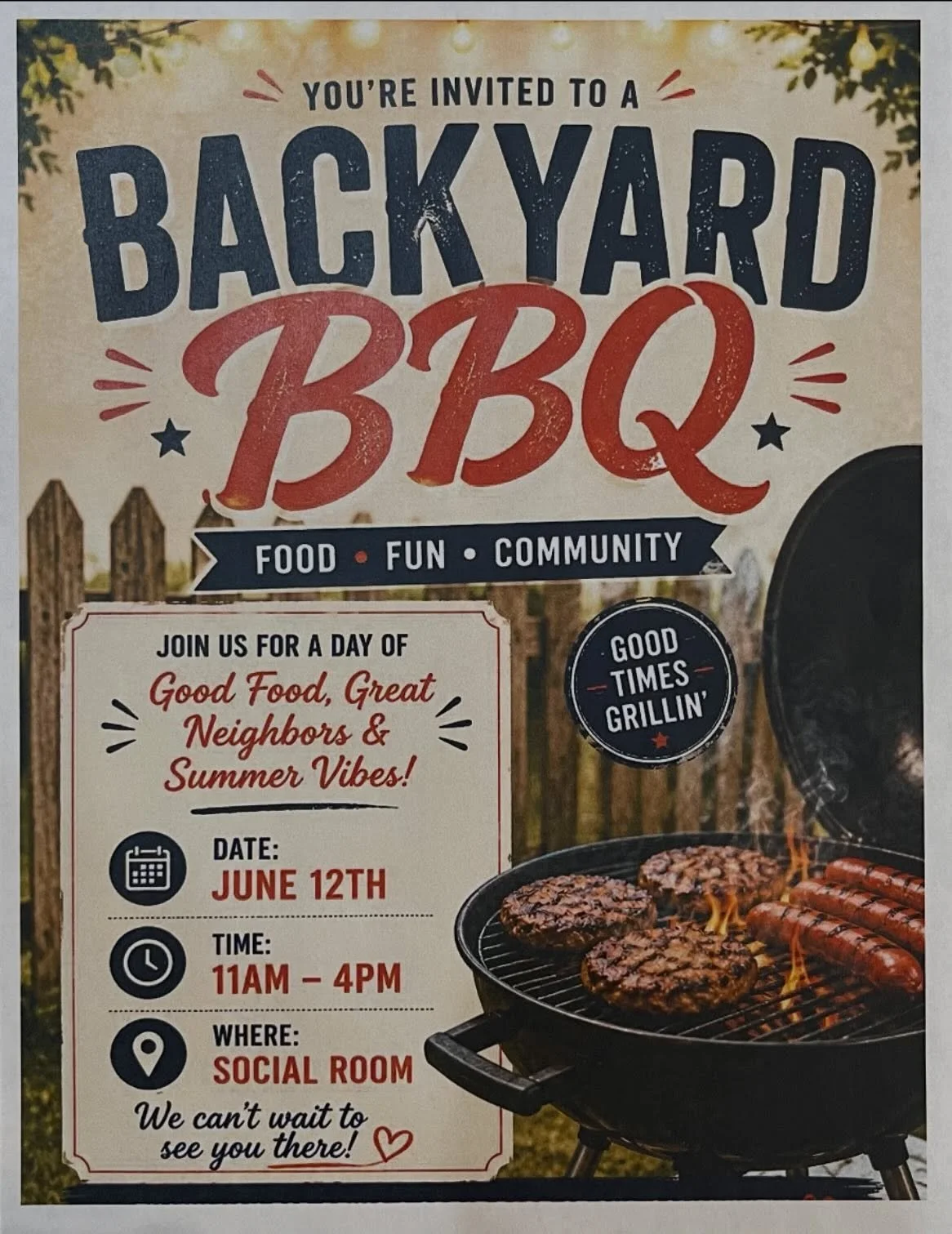 🔥 FRIDAY BACKYARD BBQ IS ALMOST HERE! 🔥

Join us on June 12th from 11 AM &ndash; 4 PM for an afternoon of great food, neighbors, music, games, and summer fun right here at the community!

📍 Social Room inside the Clubhouse Building
🌭 Fresh-off-th