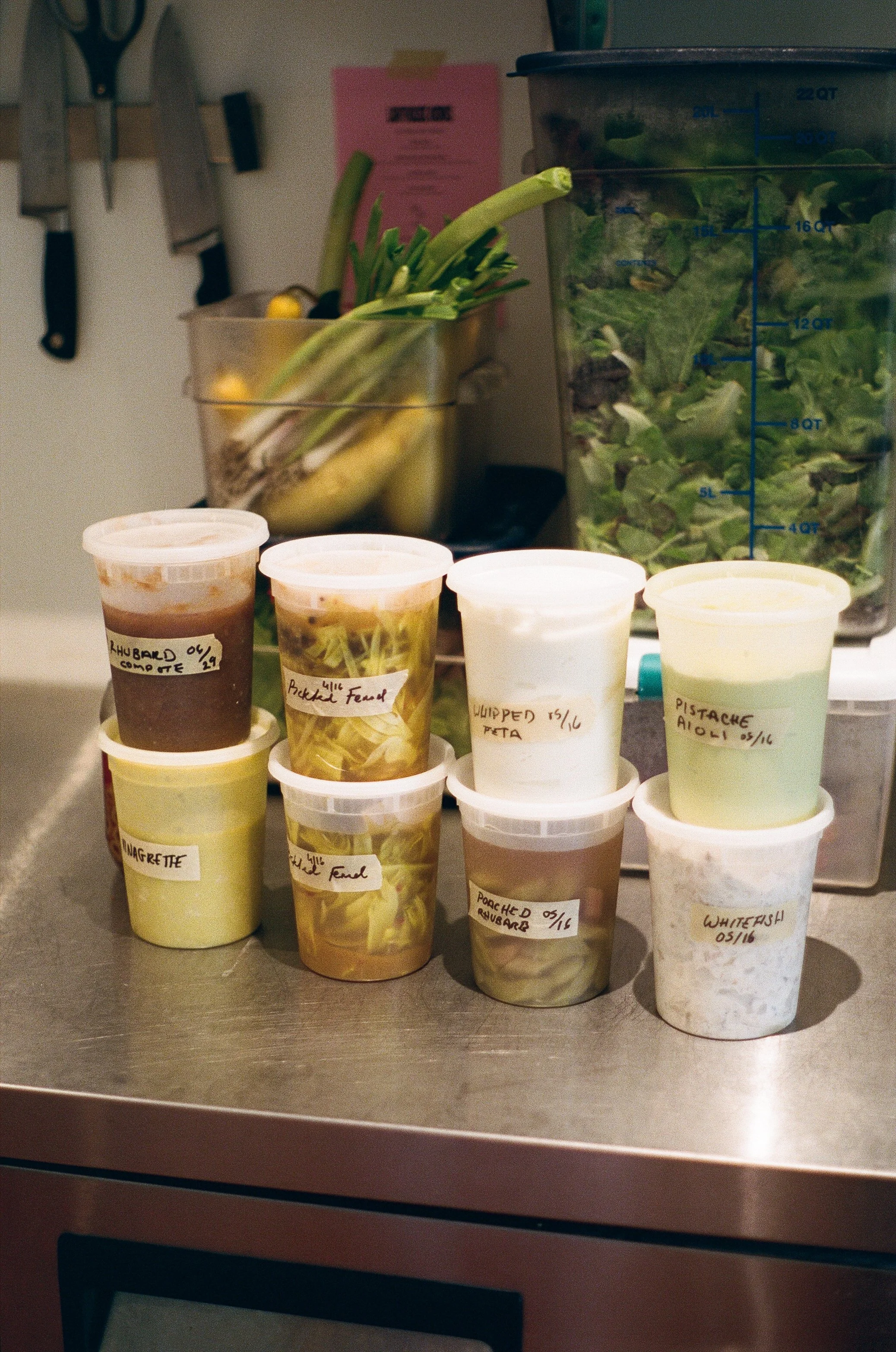 Assorted containers of prepared vegetable and fruit purees on a kitchen counter, labeled with handwritten notes, with fresh vegetables and kitchen tools in the background.
