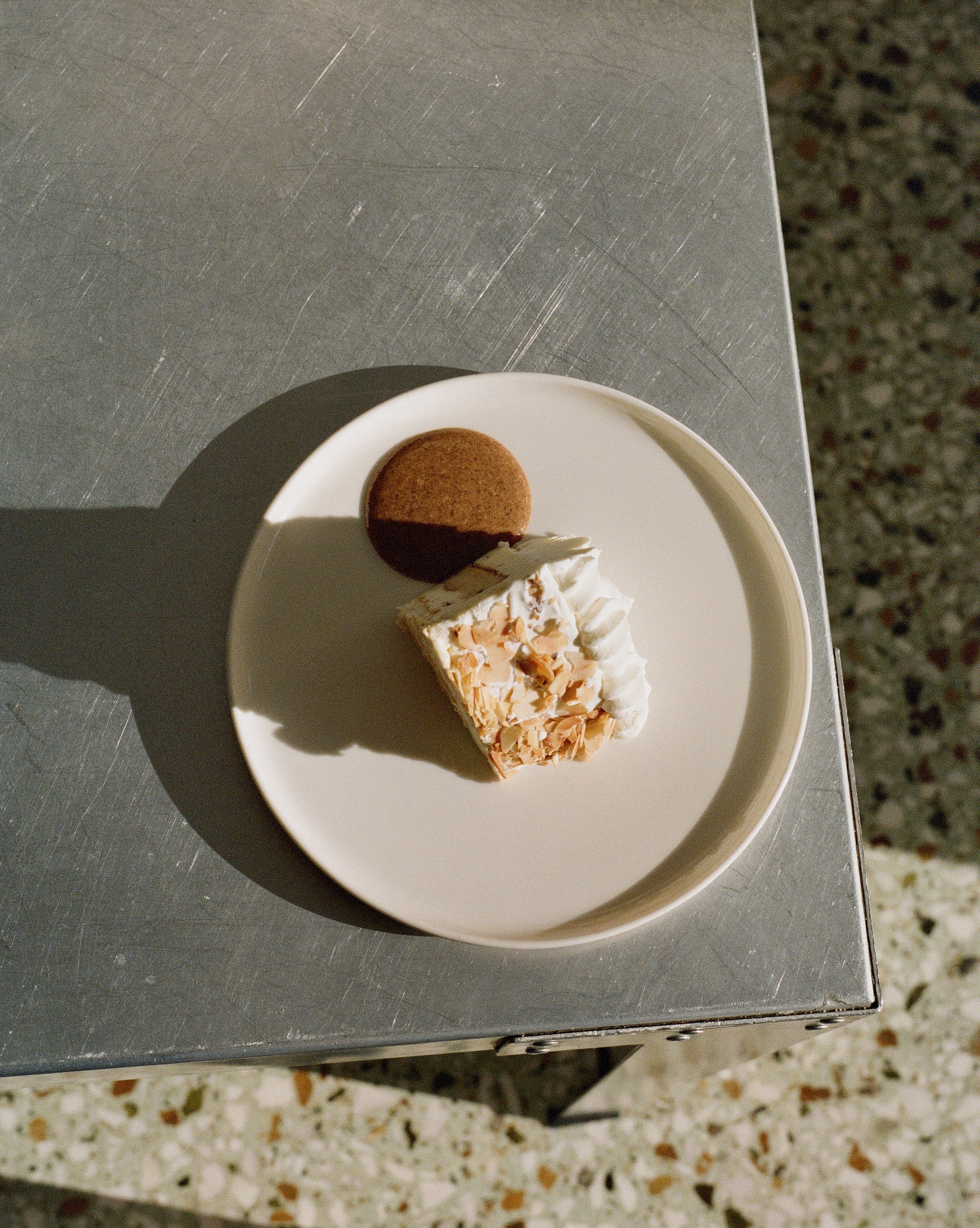 A white plate with a cookie and a slice of cake with whipped cream on a metal surface.