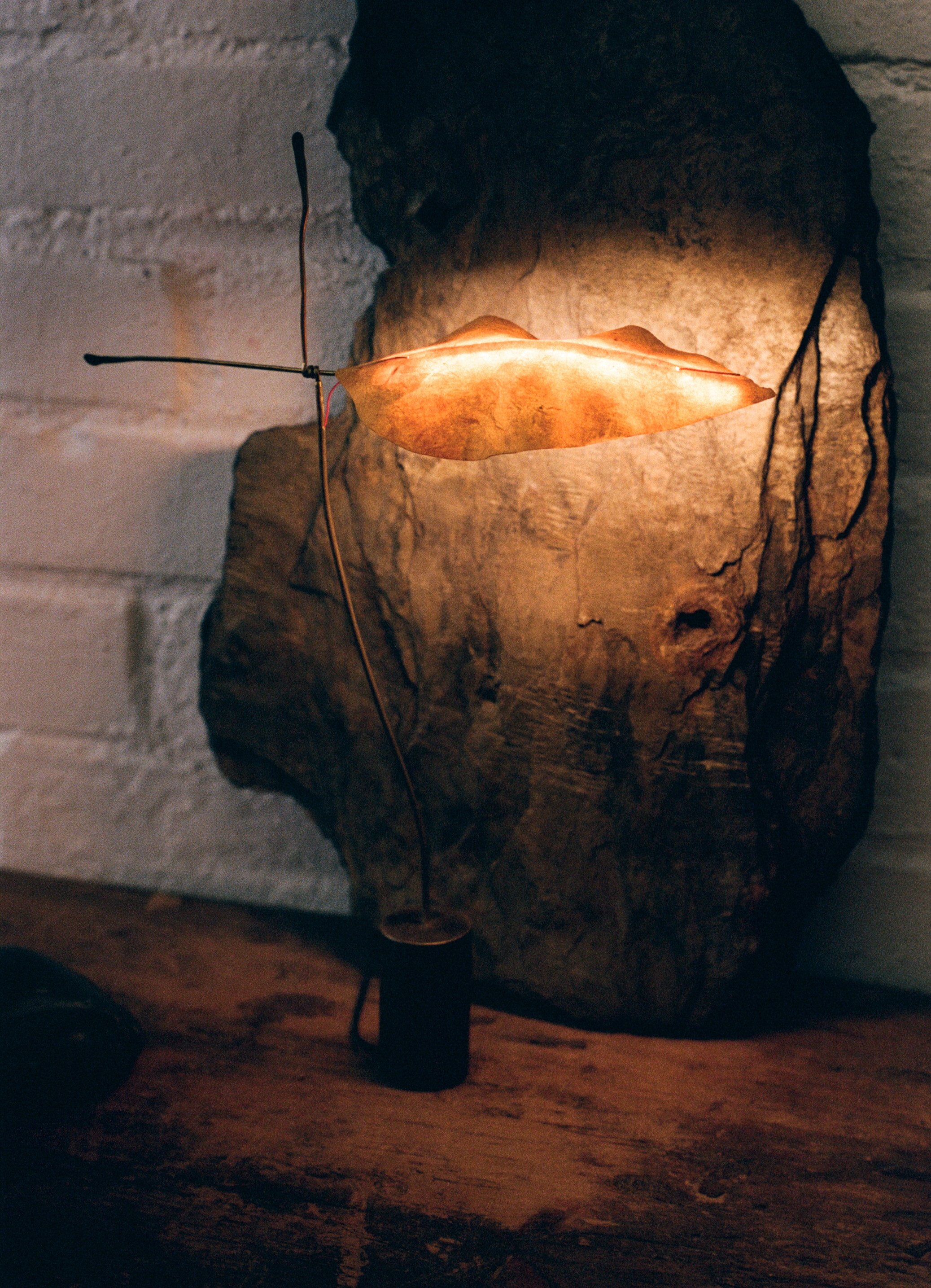 A decorative wall lamp stylized as a butterfly with wings made of translucent leaf-shaped material, mounted on a large, rough textured stone backing.