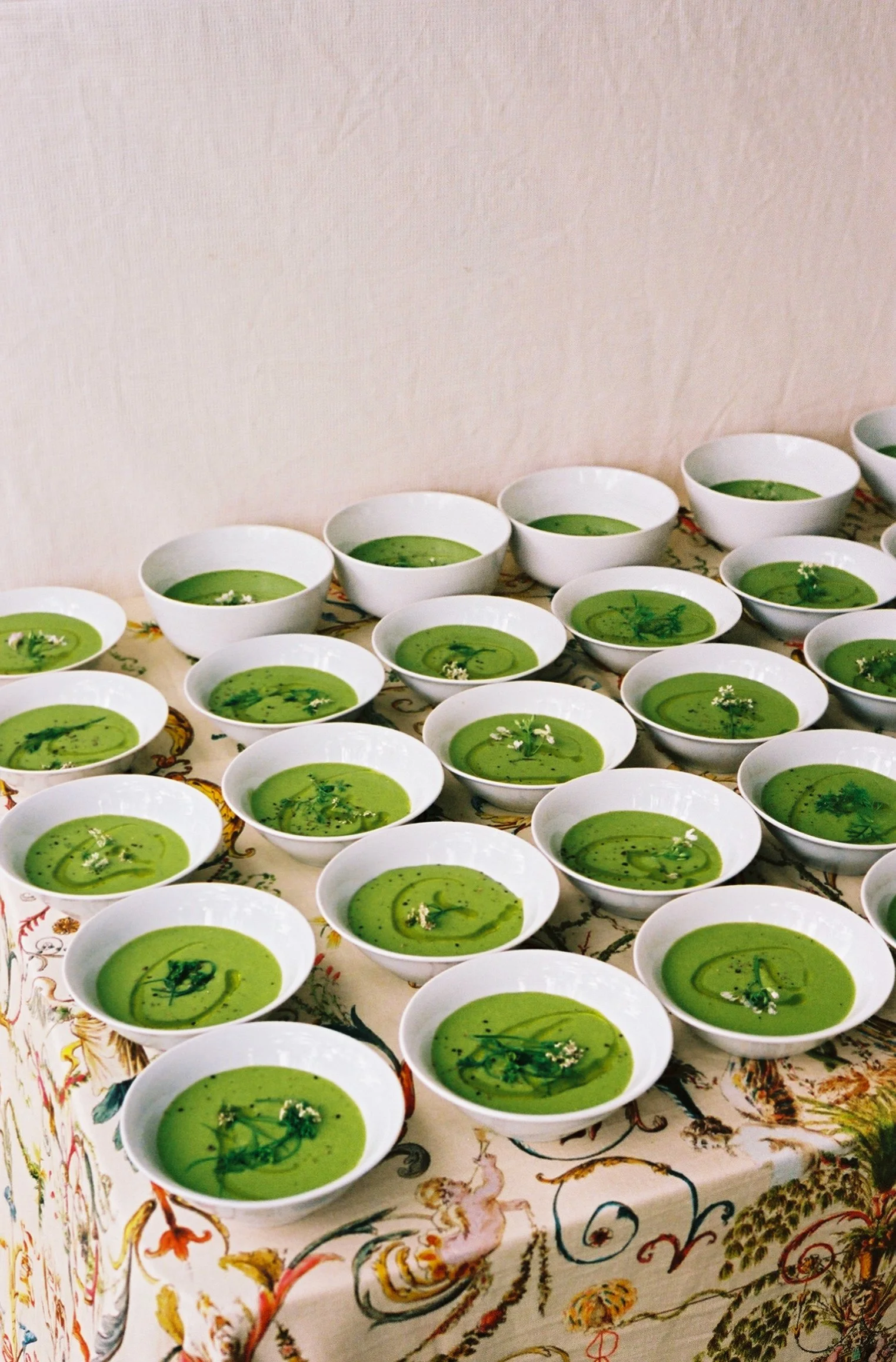 Multiple white bowls filled with green soup, garnished with herbs and flowers, arranged on a decorated table.