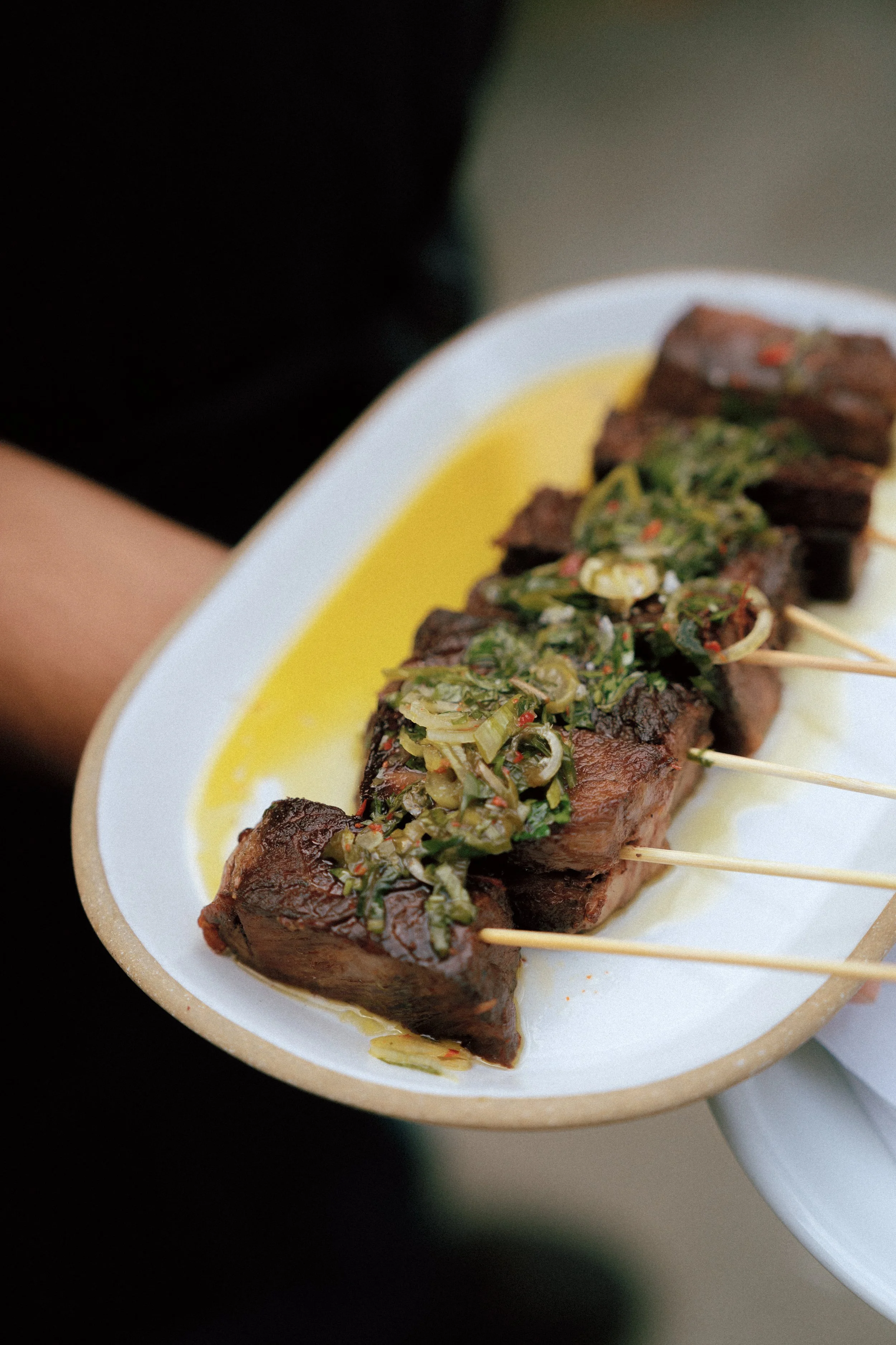 Steak Hors d'oeuvres served during cocktail hour at Troutbeck in Amenia, New York