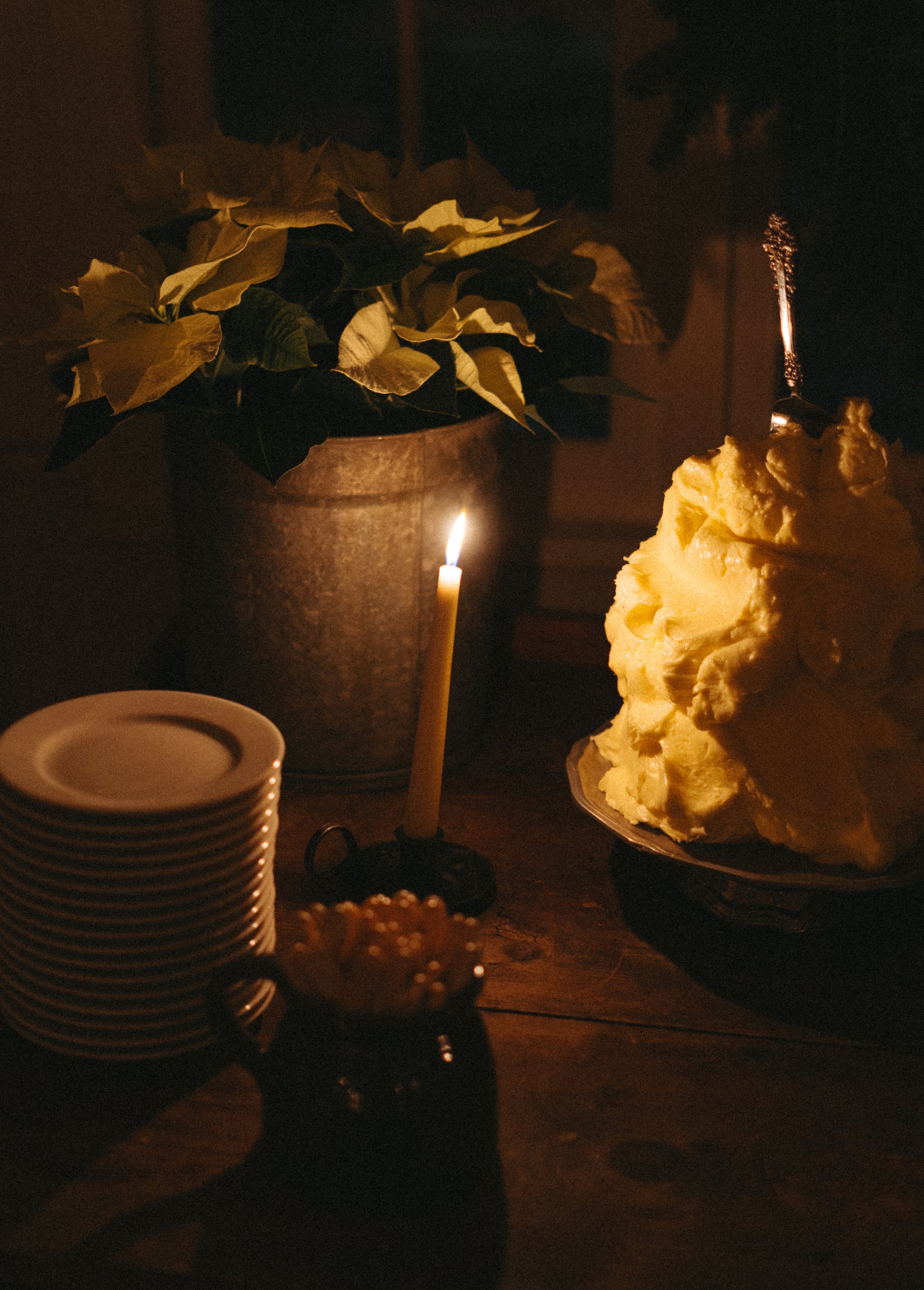 A dimly lit scene featuring a large container of poinsettia plant, a lit candle, stacks of white plates, a cupcake with a candle, and a bowl of mashed potatoes or similar dish on a wooden table.