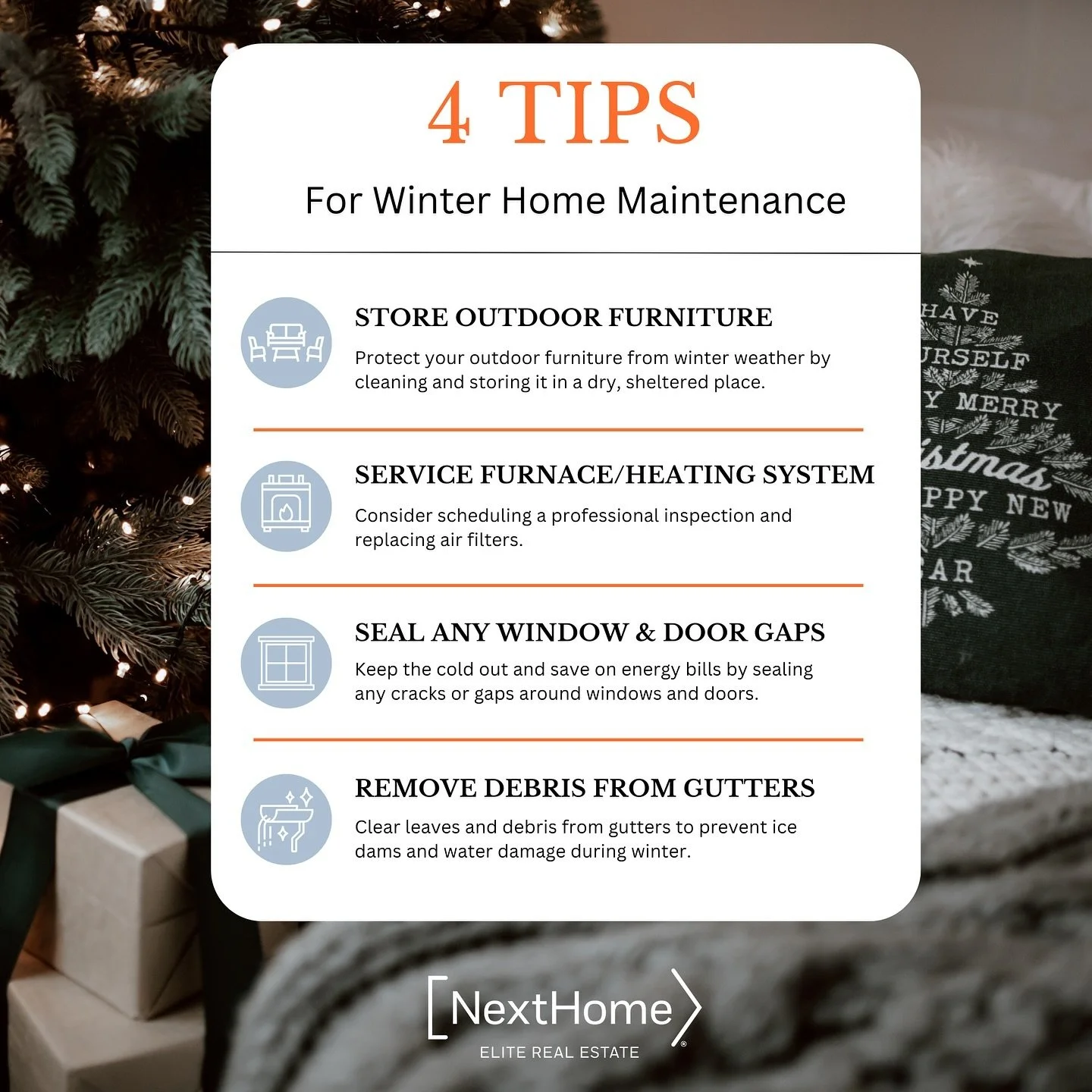 What did you all think about our first snow yesterday? Winter is quickly coming! 🧤❄️ 

Keep your home cozy and protected with a few simple maintenance tips&mdash;store outdoor furniture, service your furnace, seal window gaps, and clear those gutter