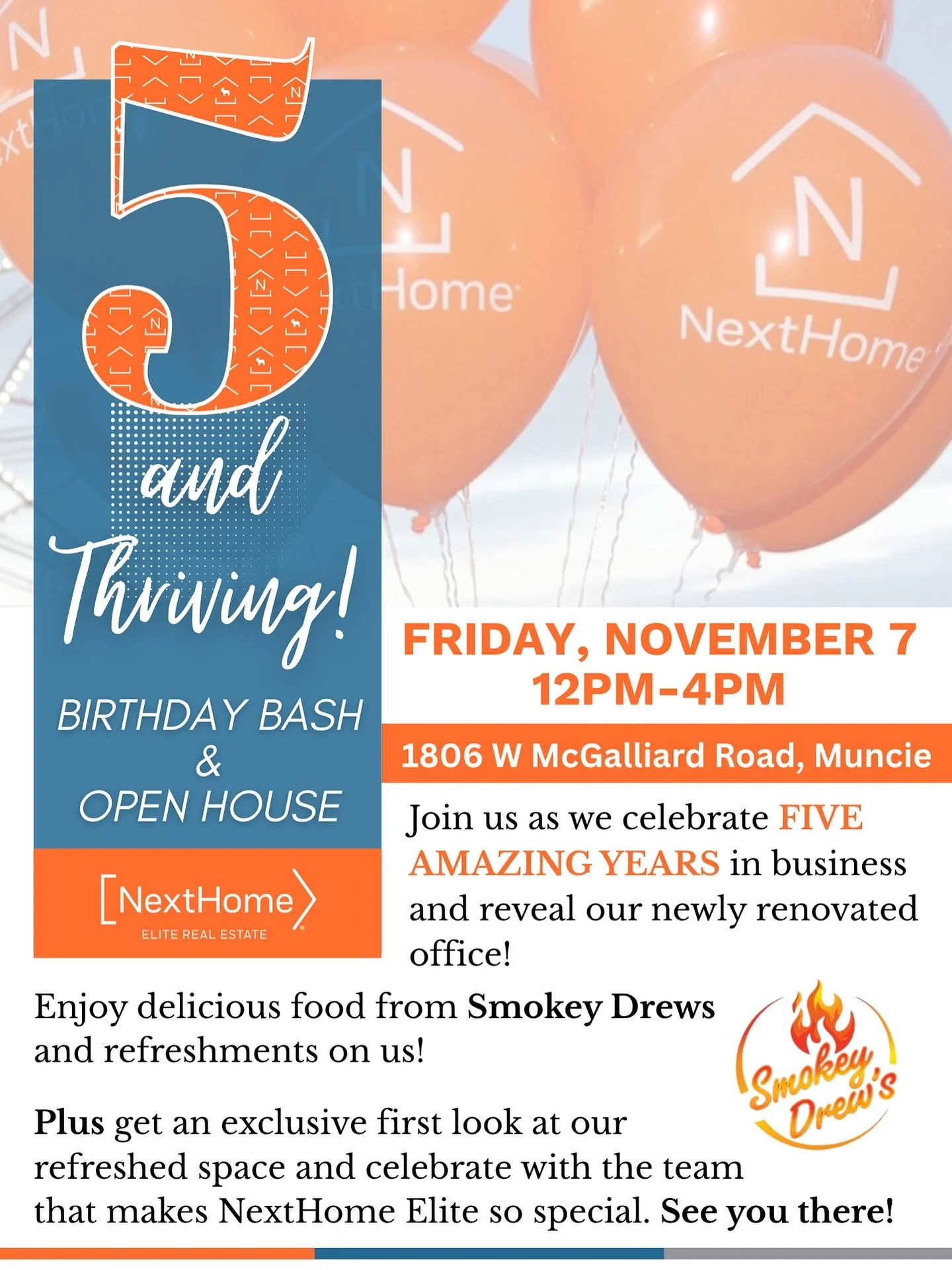 🎈 We&rsquo;re turning 5 and you&rsquo;re invited! Join us on Friday, November 7th from 12-4PM for our NextHome Elite Real Estate Birthday Bash + Open House. 🏡✨ 

📍1806 W. McGalliard Road | Muncie, IN 47304

Tour our freshly renovated office, enjoy