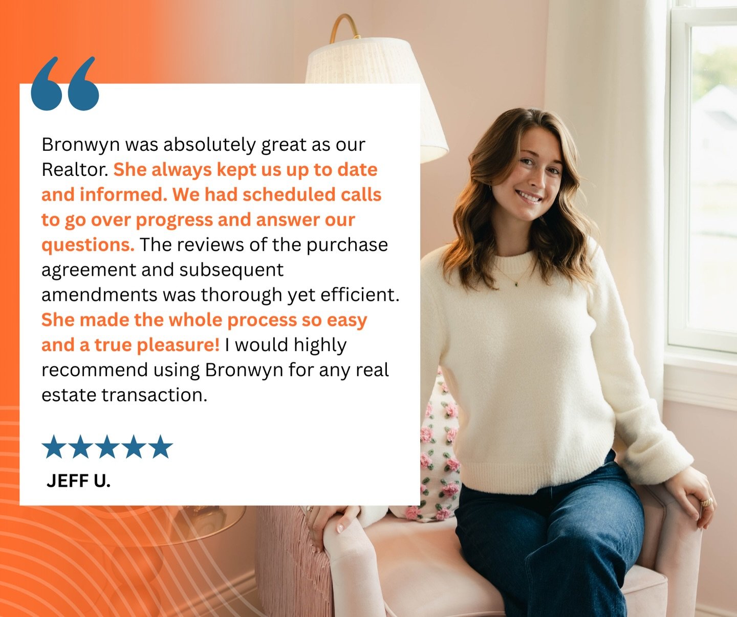 Testimonial Tuesday! ⭐️

&ldquo;She made the whole process so easy and a true pleasure!&rdquo; ⬅️ This is EXACTLY how I want my clients to feel throughout the entire transaction all the way to the closing table. 🧡

Thank you, Jeff, for trusting me a