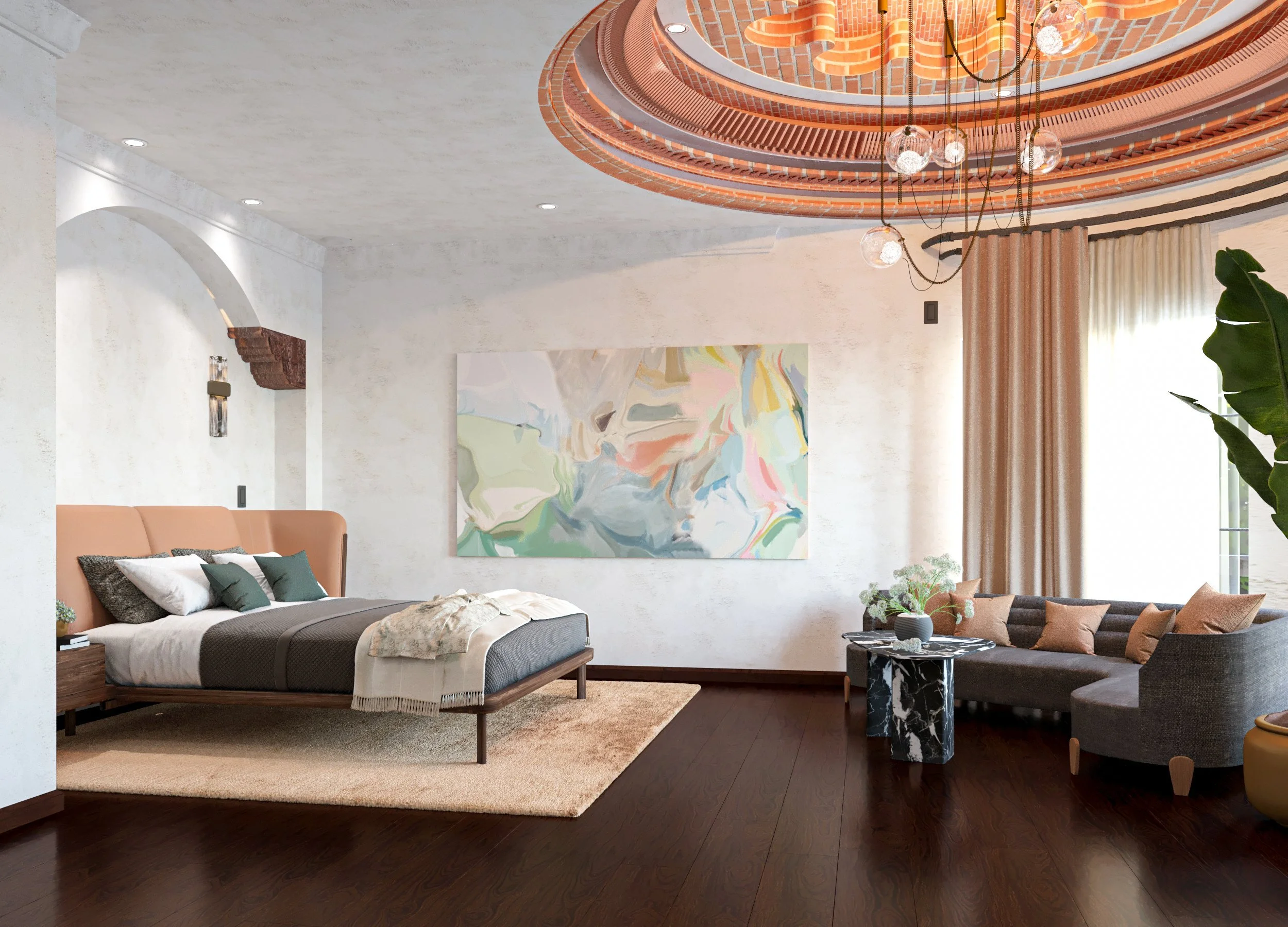 Luxurious bedroom by Sarah Barnard Design. Featuring an ornate brick dome ceiling and abstract art.