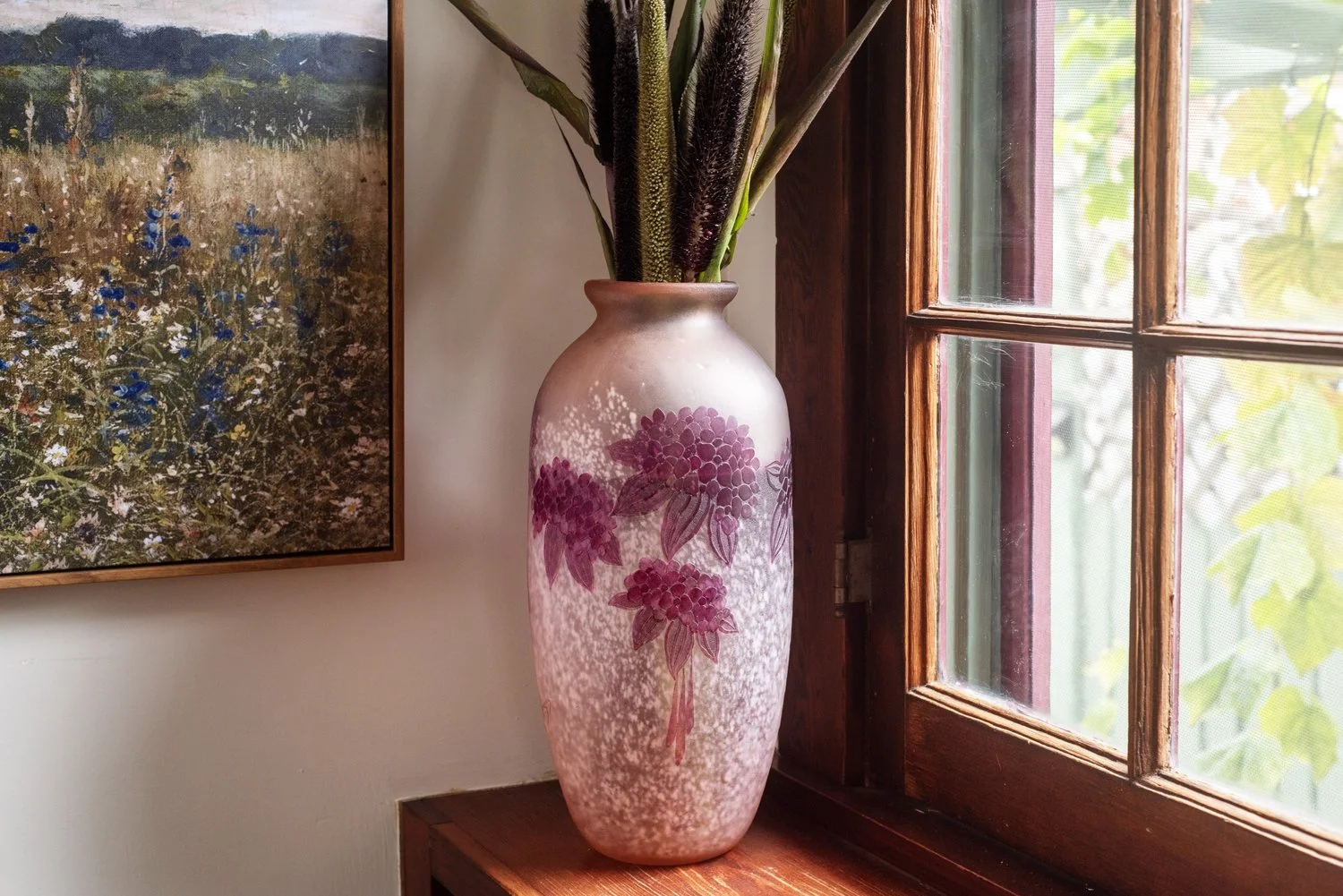 Photo by: Steven Dewall
This antique Legras cameo vase is a treasured family heirloom made from pink glass etched with floral motifs.