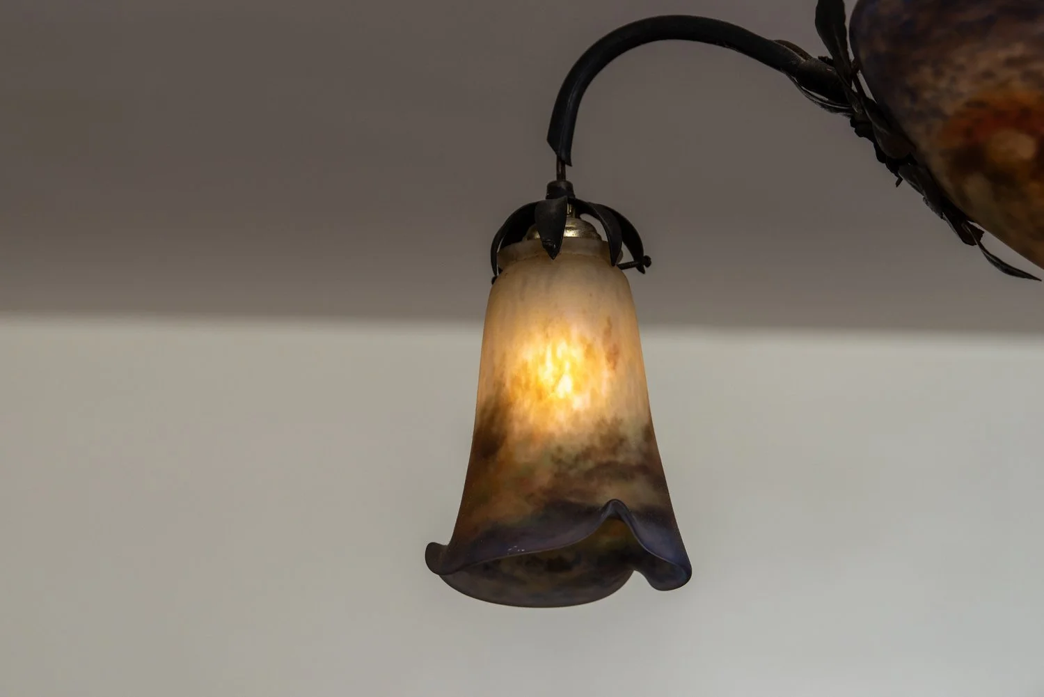 Photo by: Steven Dewall
The wrought iron details of this Art Deco chandelier by the Muller Brothers of Luneville, France, incorporate organic hanging shapes resembling Arum Lillies.