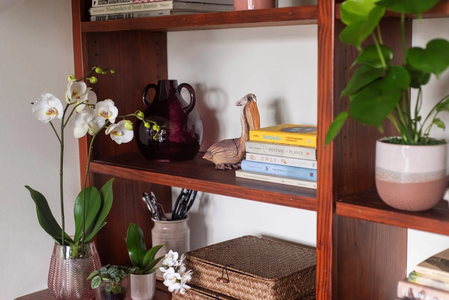 Photo by: Steven Dewall
Flowering plants such as orchids are incorporated into this home office, bringing natural beauty and tranquility into the workspace.