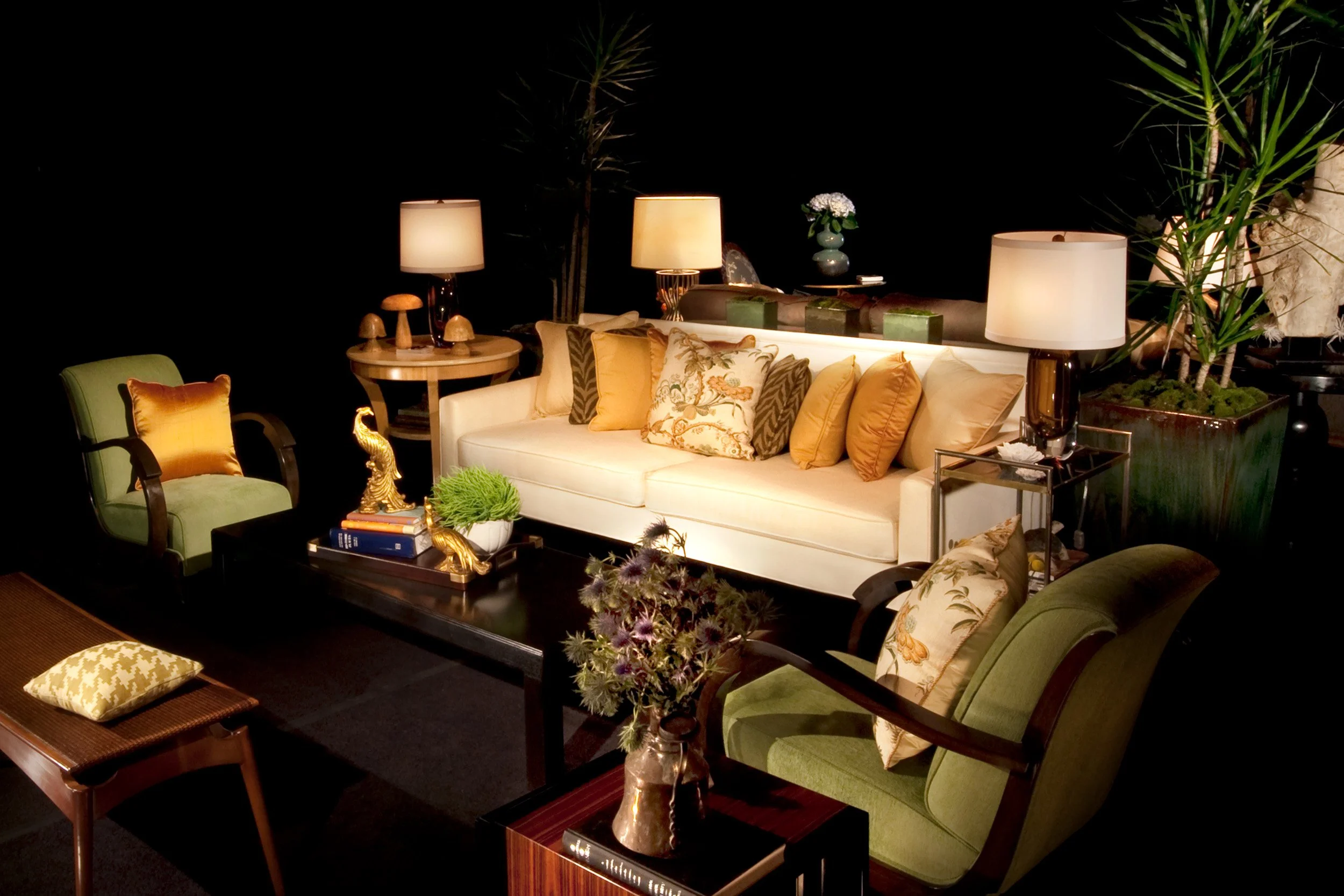 Photo by: Brad Nicol
Vintage Art Deco chairs, an ebonized oak coffee table, and brass drink cart demonstrate how "recycling" can be chic.