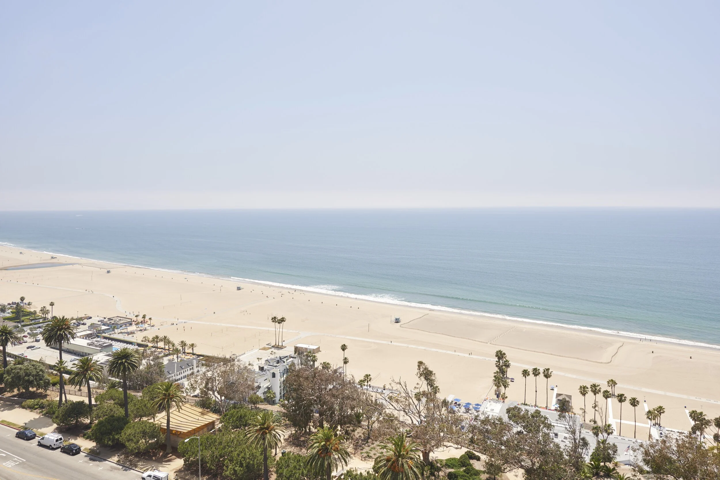 Aerial view of Santa Monica beach with sand, ocean, palm trees, and buildings along the shoreline, under a clear sky.