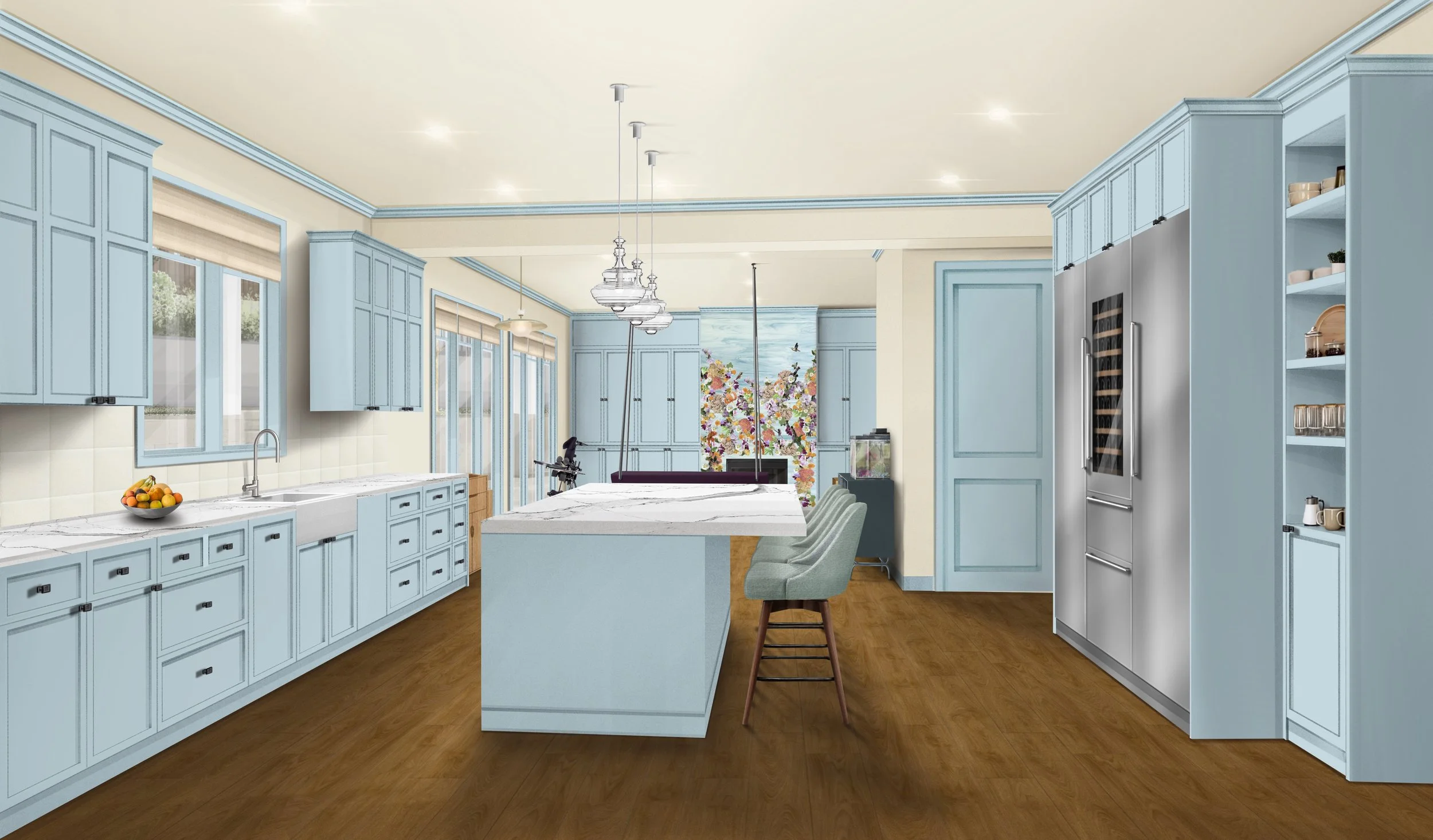 Kitchen view with sky-blue cabinetry, counter stools, and open path to living room. Concept designed by Sarah Barnard Design.