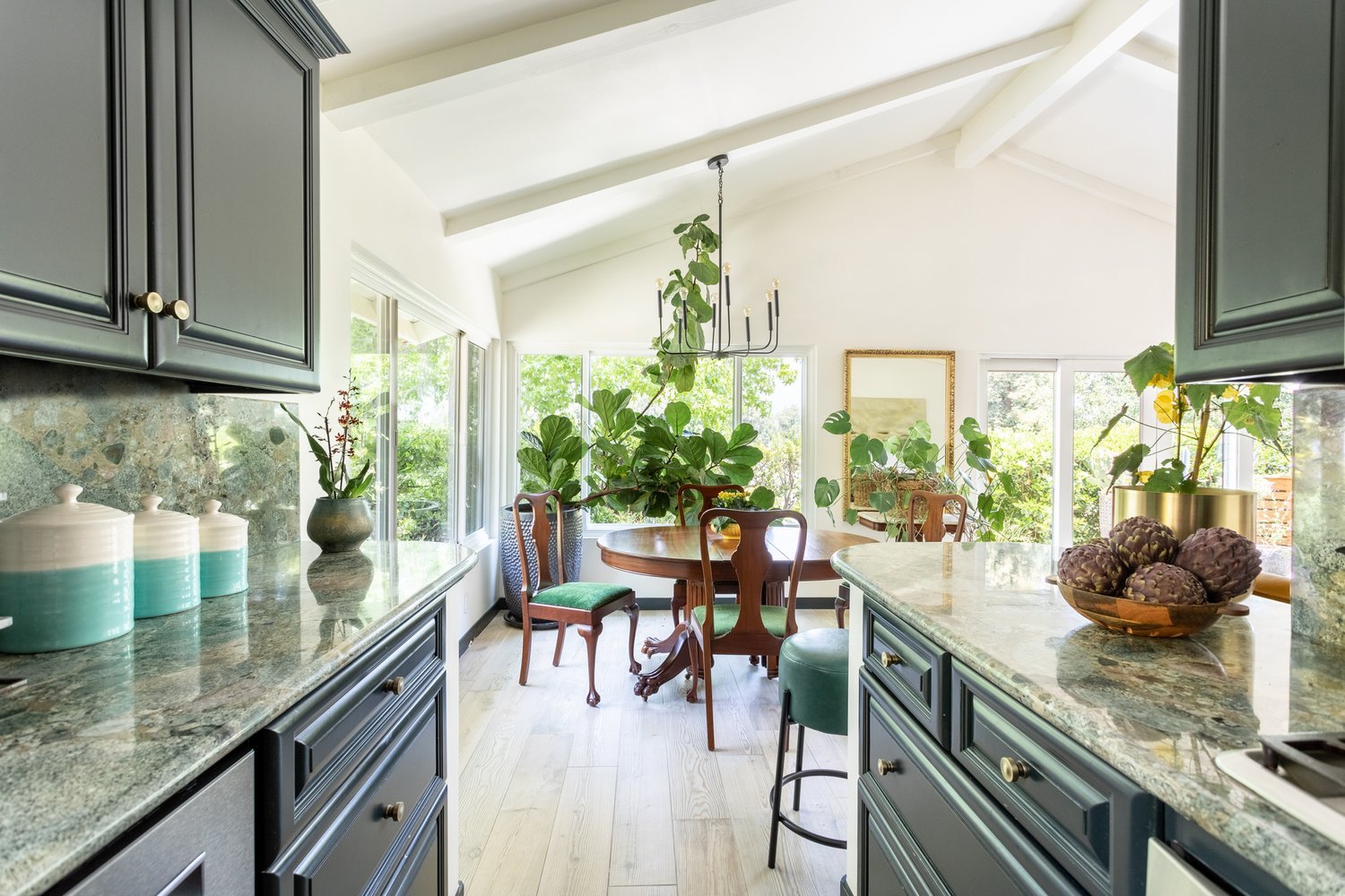 Photo by: Ace Misiunas
A fiddle leaf fig and monstera plant create green space on either side of the dining area.
