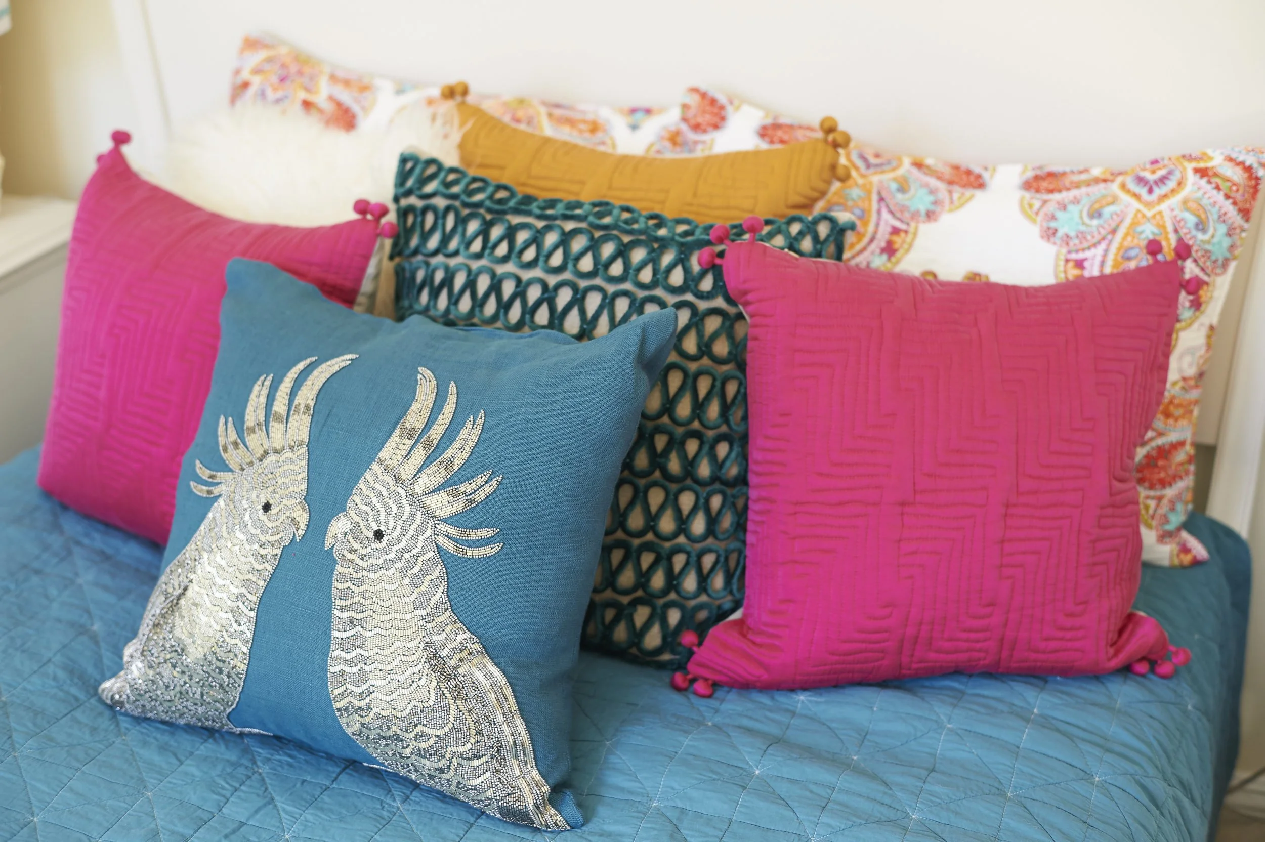 Photo by: Steven Dewall
Fuchsia, teal, apricot and gold--together at last! A teen girl's bedroom color palette expresses her youth and energy. 