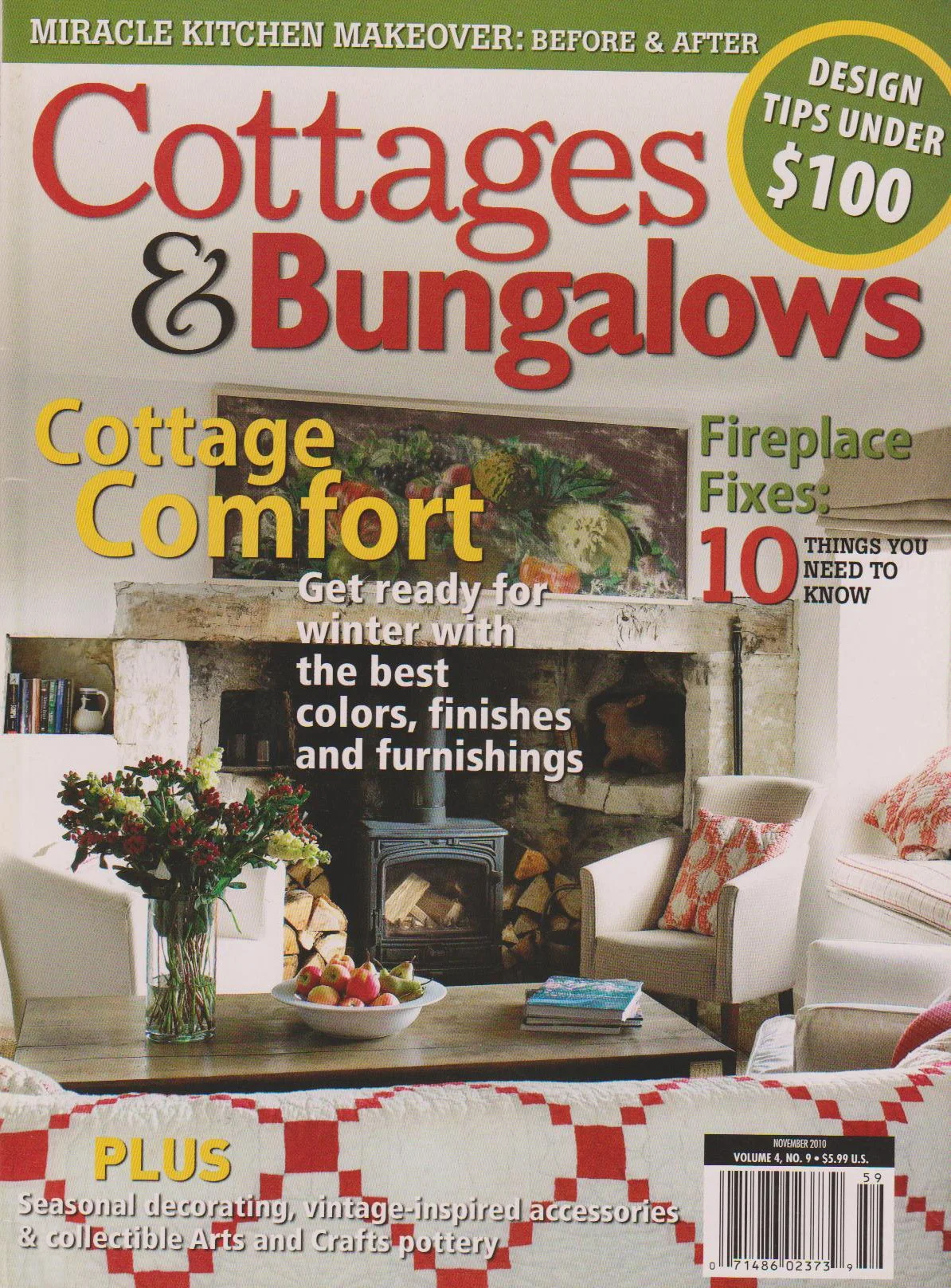 Cover of a magazine titled "Cottages & Bungalows" featuring a cozy living room with a stone fireplace, a wood stove, and comfortable furniture, with a floral arrangement and a bowl of apples on a wooden table.