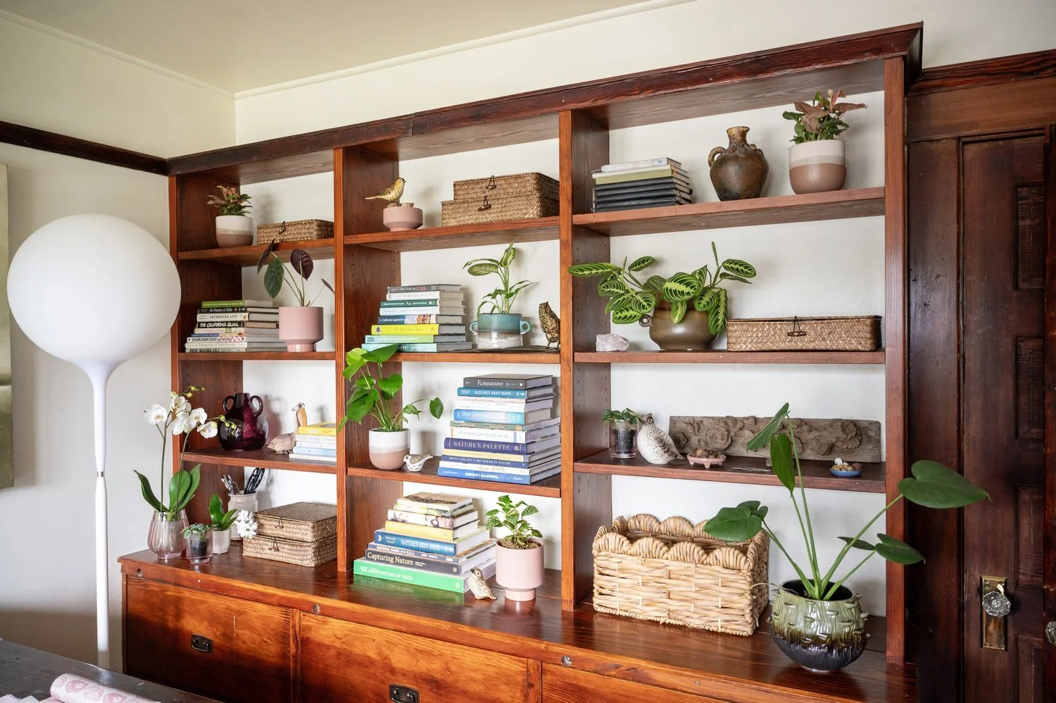 Photo by: Steven Dewall
A collection of bird figurines is placed amongst books and plants throughout the built-in bookshelves of this home office, and evokes the sense of joy and calm that we experience when birdwatching.