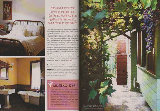A collage of three photographs. The first shows a cozy bedroom with a metal bed frame and beige bedding. The second depicts a bathroom with a vintage sink and a window letting in natural light. The third image features an outdoor scene with a grapevine growing on a trellis next to a green house, with sunlight filtering through the leaves.