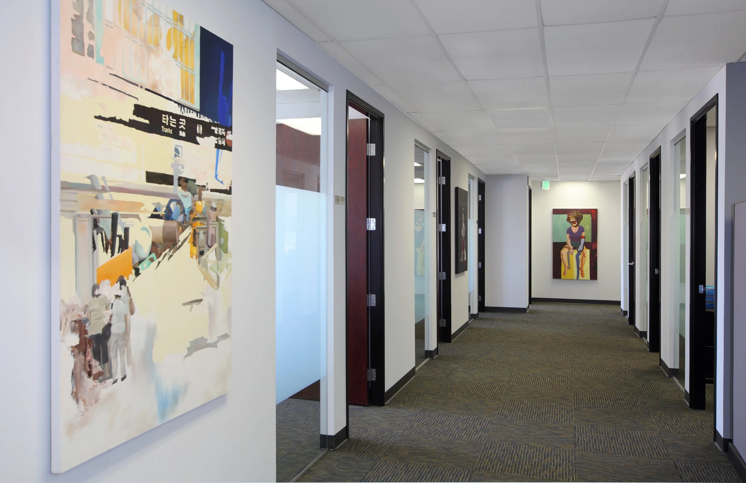 Photo by: Chas Metivier
Paintings #7 by artist Hyunji Lee and Bestial by Diane Williams are displayed in the main hallway. 