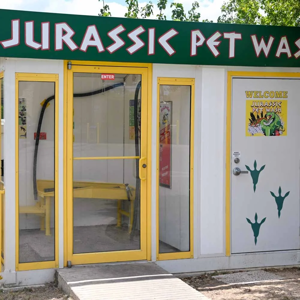 Self-serve Pet Wash station at Jurassic Car Wash South Congress in Austin, TX.