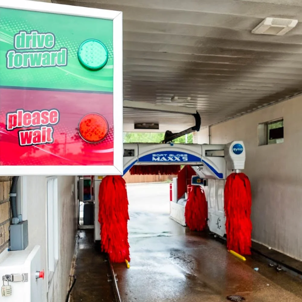 Automatic car wash tunnel at Connie’s Car Wash on West Whitestone Blvd in Cedar Park, TX.