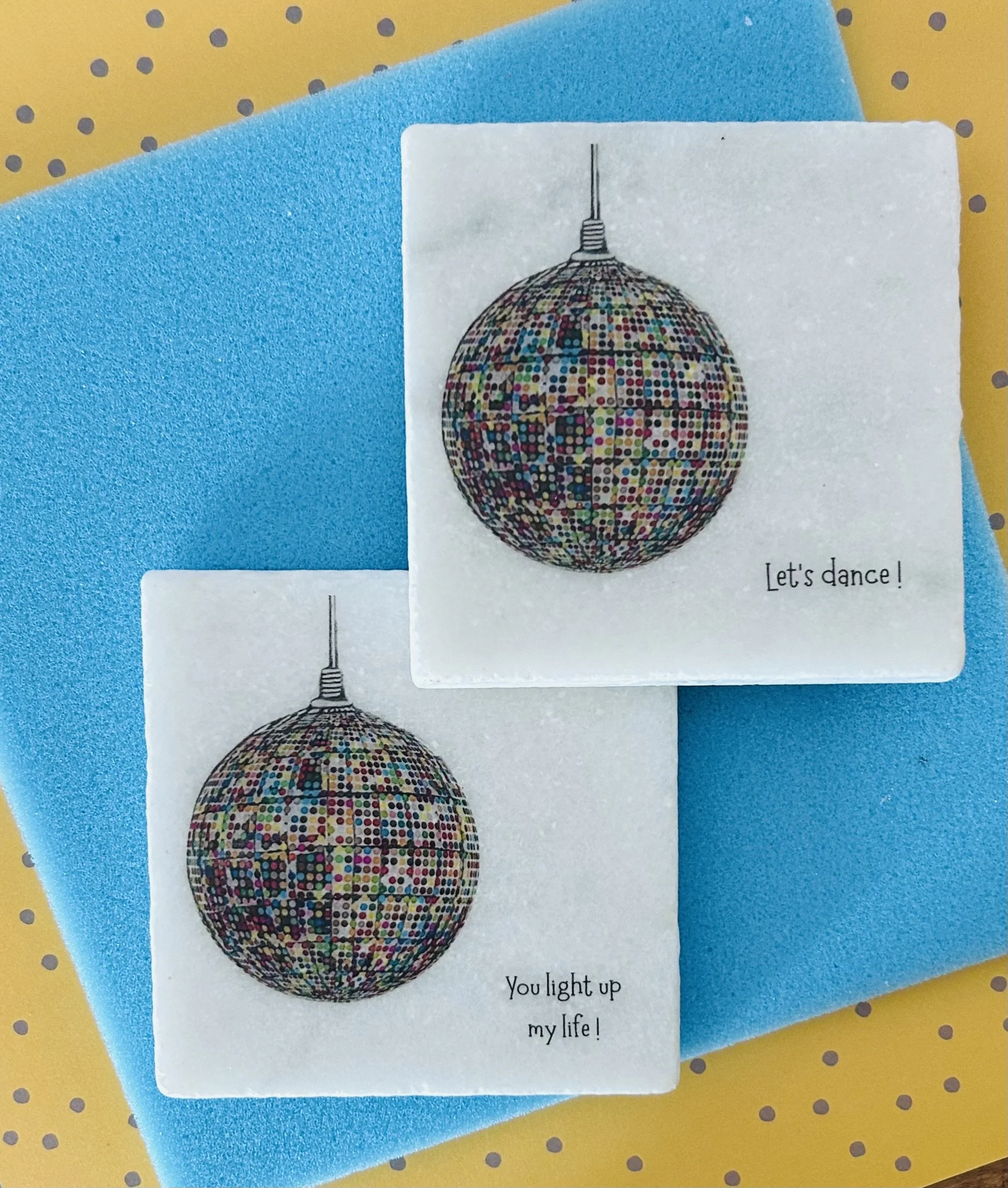 Marble Disco Ball Coasters with Original Artwork - set of two