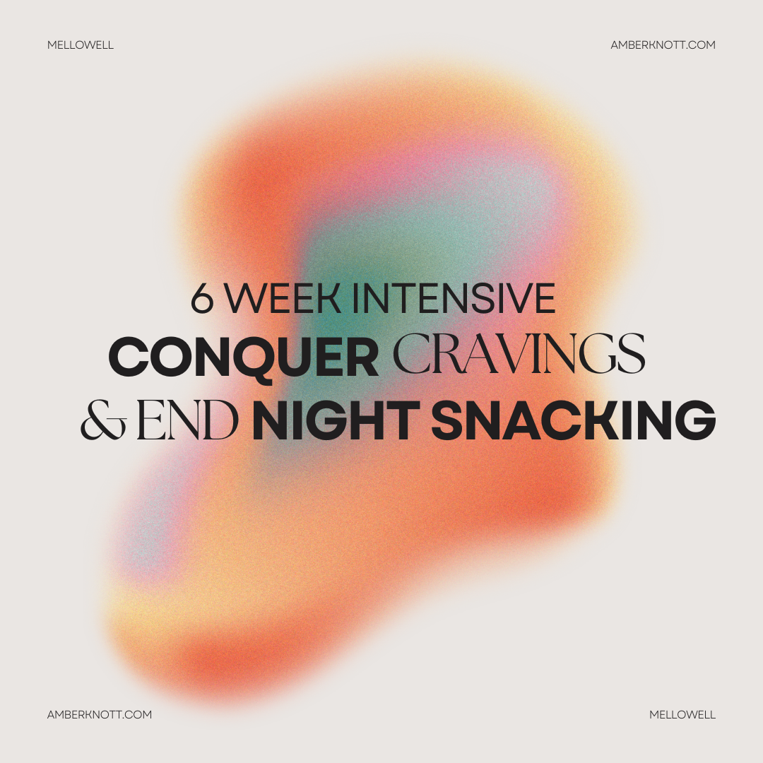 Text overlay advertising a six-week program to conquer cravings and end night snacking, with a colorful blurry background.