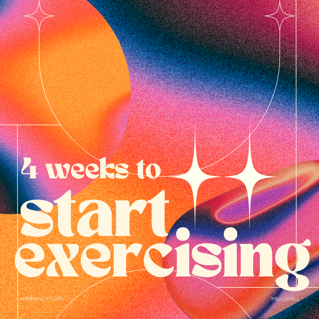 Colorful, abstract background with a gradient of pink, orange, blue, and black, featuring white geometric lines and star-like shapes. Overlaid text reads, '4 weeks to start exercising', with additional URL text at the bottom.