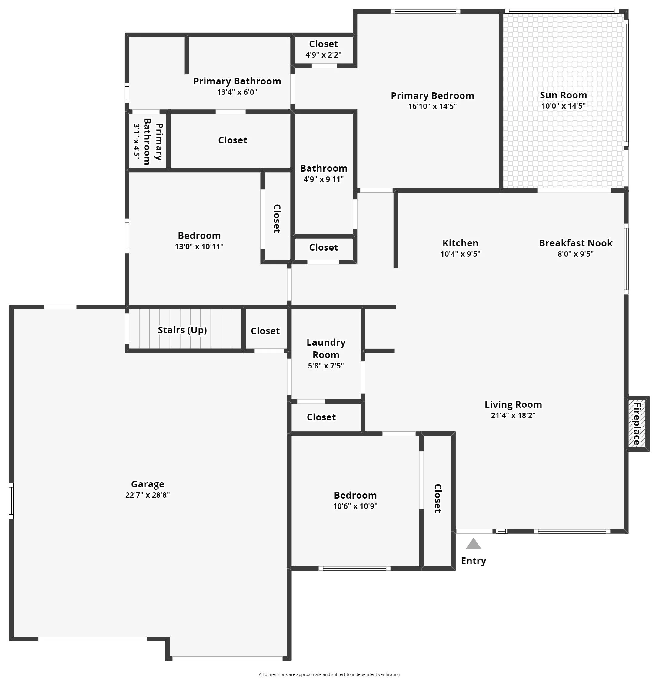 Architectural floor plan showing a layout with labeled rooms including a primary bedroom, primary bathroom, sunroom, kitchen, breakfast nook, living room, bathroom, bedrooms, laundry room, garage, closets, and stairs.