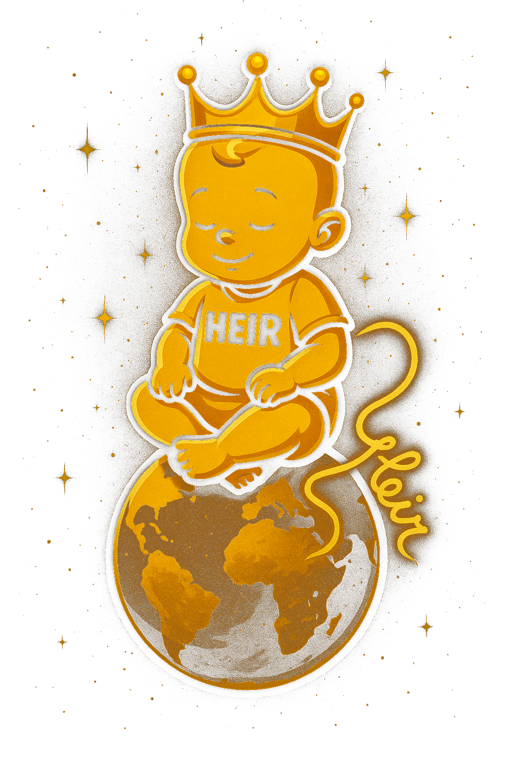 Cartoon of a young child with a crown, sitting cross-legged on a globe, with the word 'Levi' written in cursive nearby. The child is wearing a shirt labeled 'HEIR' and is surrounded by stars and sparkles.