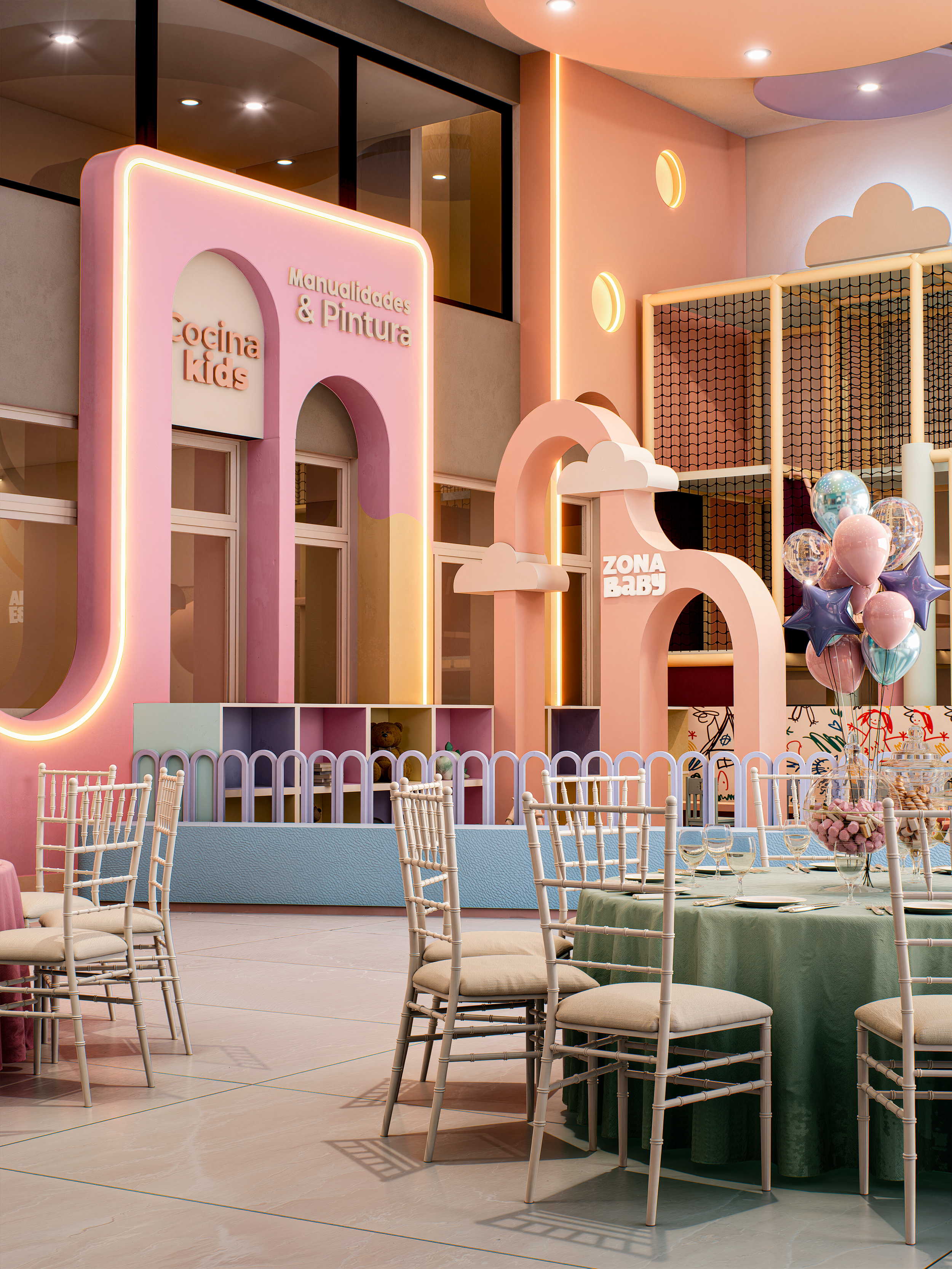 Decoración infantil en tonos pastel, con arcoíris, nubes y globos de colores, mesas y sillas blancas para eventos infantiles.