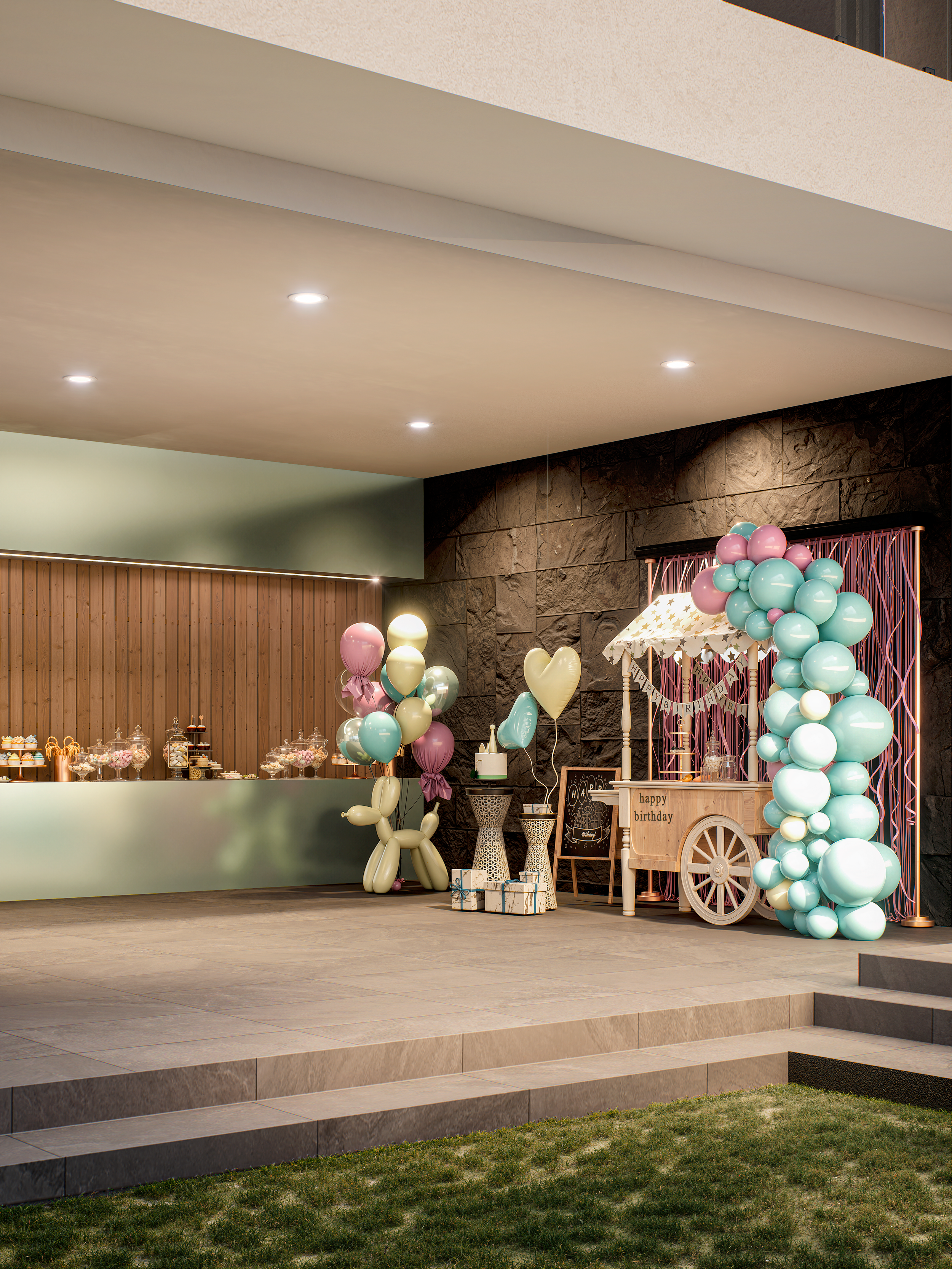 Decoraciones festivas con globos en tonos pastel, un puesto de comida con dulces, y un cartel de feliz cumpleaños en un entorno abierto o en un salón con paredes de piedra y madera.