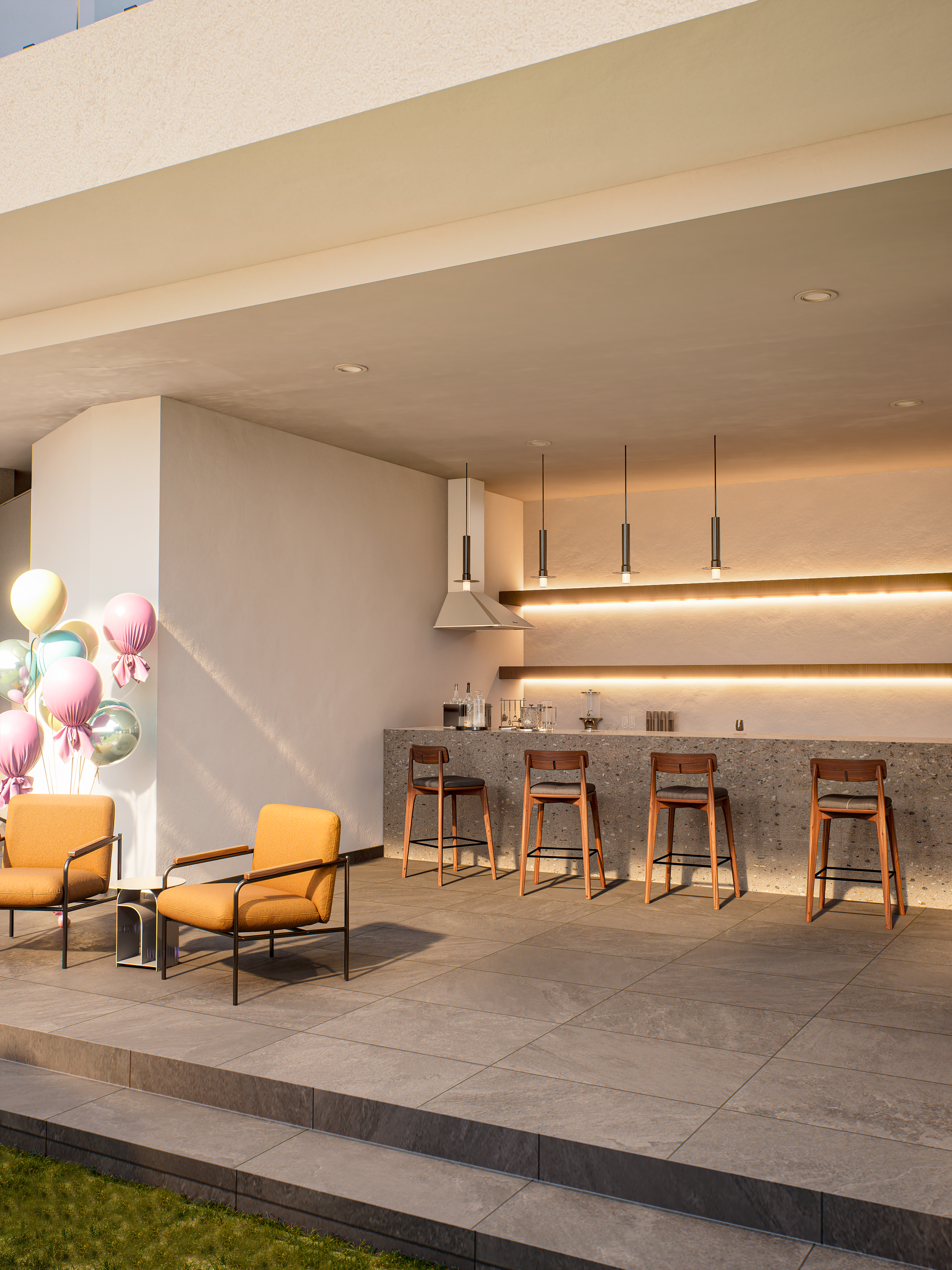 Área de bar con asientos de madera, barra de granito, luz indirecta, decoración moderna, globos de colores en la esquina izquierda