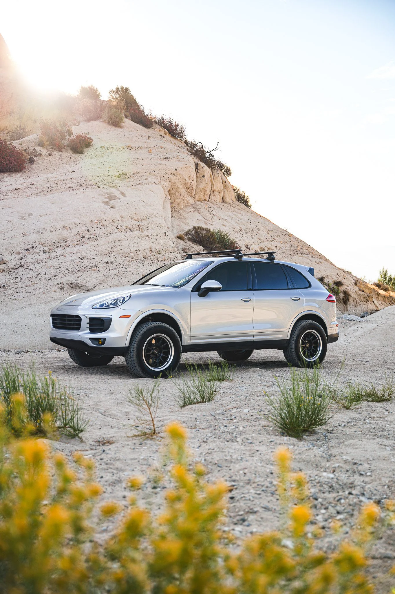 Silver SUV parked on a dirt area in front of a rocky hillside with sparse desert vegetation and yellow flowers in the foreground.