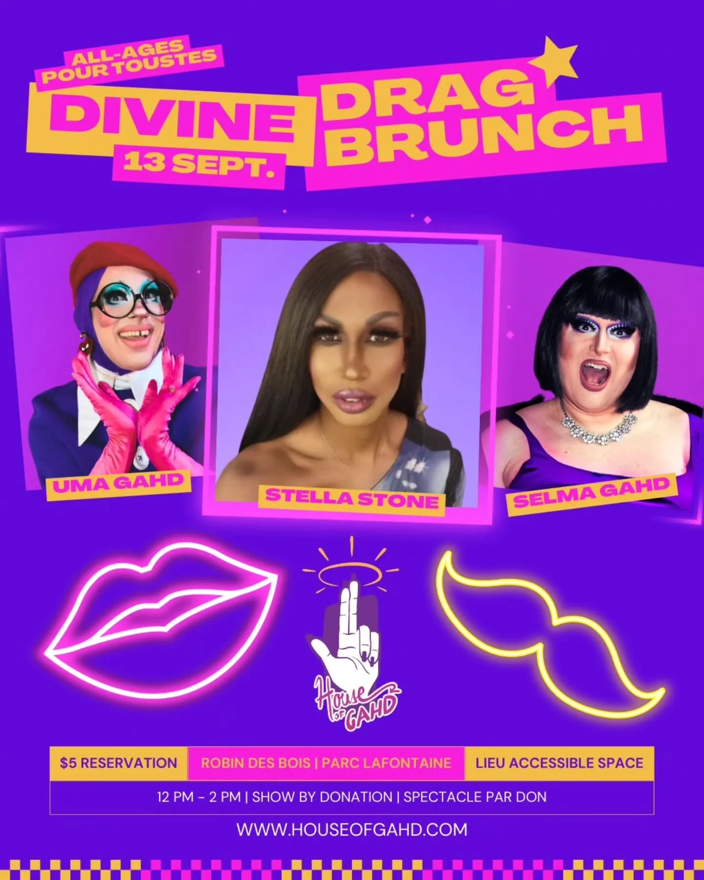 Divine Drag Brunch September 13 with special guest @stellalequeen

Join us for drag brunch for the whole family hosted by @umagahd
&amp; @selmagahd

See you soon at @restorobindesbois

$5 to reserve your seat
Food &agrave; la carte
Show by donation (