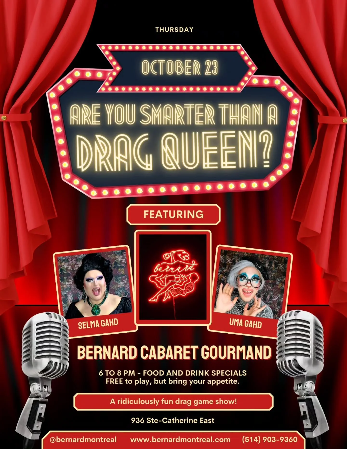 ⭐ NEW SHOW ⭐

Are You Smarter Than a Drag Queen?
A ridiculously fun drag game show where you and your friends find out if you are indeed Smarter Than a Drag Queen! And if you win? You get to spin the wheel of lip-sync misfortune and watch Uma Gahd or