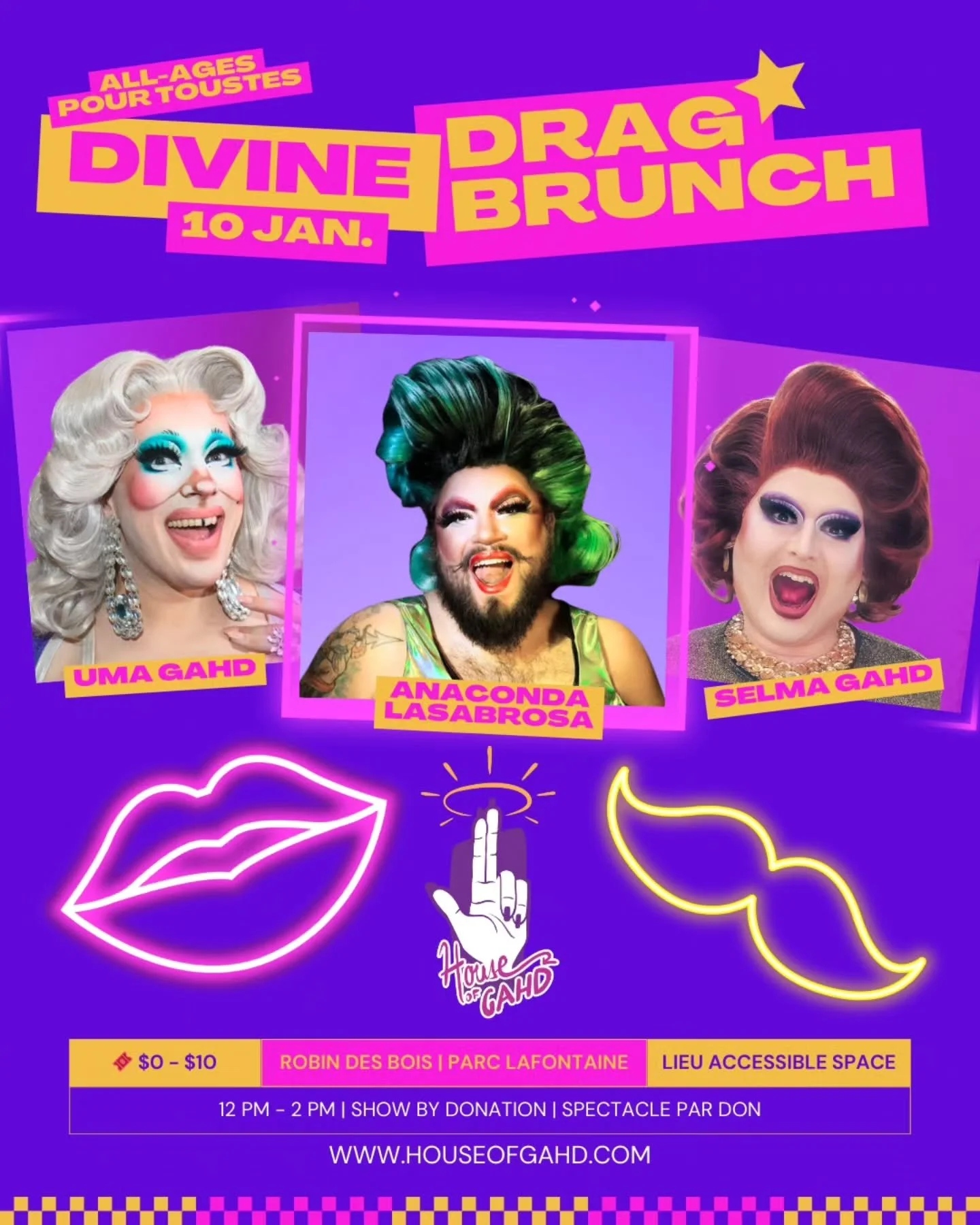 Divine Drag Brunch Saturday January 10, with special guests @anacondalasabrosa !

Join us for drag brunch for the whole family hosted by @umagahd
&amp; @selmagahd

See you soon at @restorobindesbois

$0-10 to reserve your seat
Food &agrave; la carte
