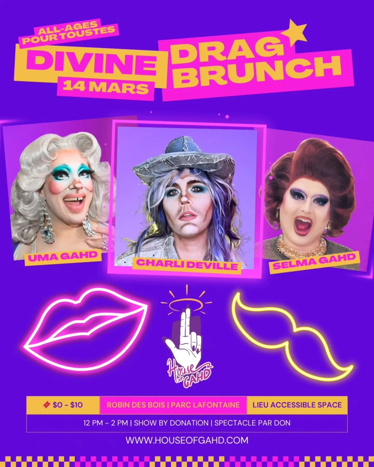 Divine Drag Brunch Saturday March 14th, with special guests @charli_deville !

Join us for drag brunch for the whole family hosted by @umagahd
&amp; @selmagahd

See you soon at @restorobindesbois

$0-10 to reserve your seat
Food &agrave; la carte
Sho