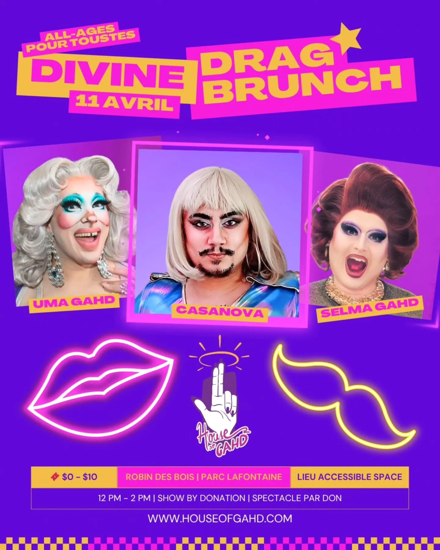 Divine Drag Brunch Saturday April 11th, with special guests @casanova_mtl !

Join us for drag brunch for the whole family hosted by @umagahd
&amp; @selmagahd

See you soon at @restorobindesbois

$0-10 to reserve your seat
Food &agrave; la carte
Show 