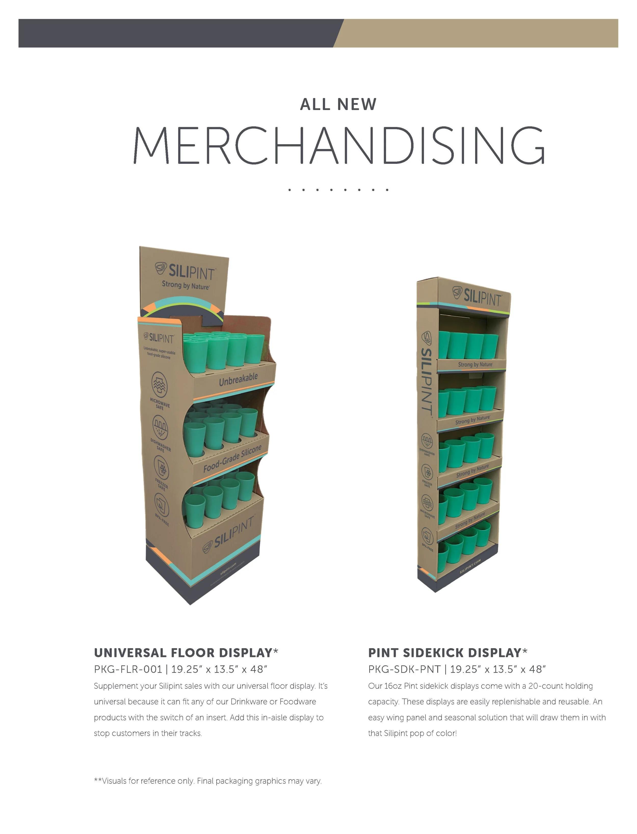 A display rack for Silipint products showcasing two different types of display stands: a universal floor display and a pint sidekick display, both filled with teal-colored silicone cups.